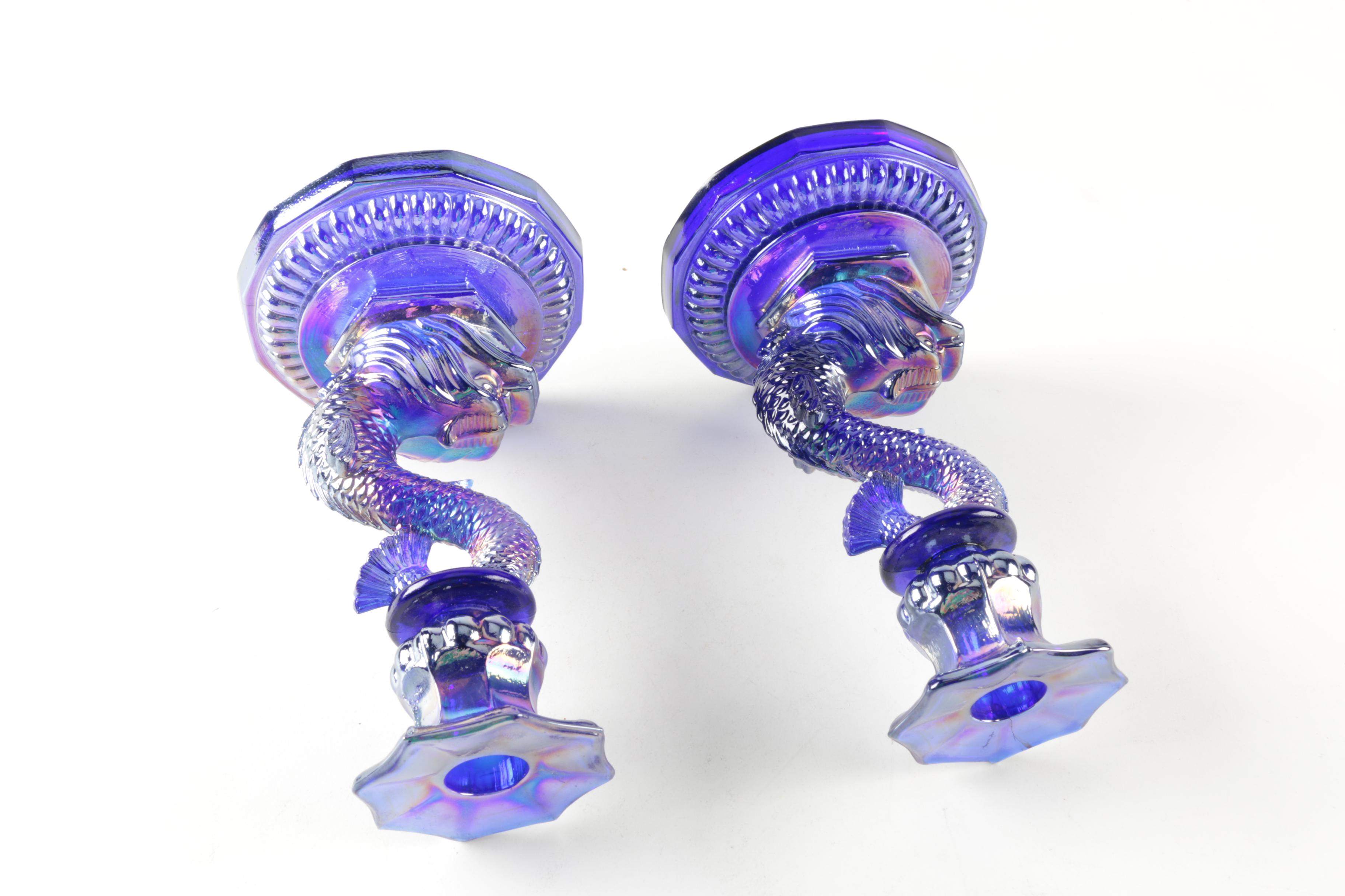 Carnival Glass Dolphin Candlesticks
