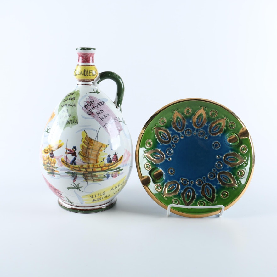 Colorful Polychrome Ceramic Wine Jug with an Ash Receiver