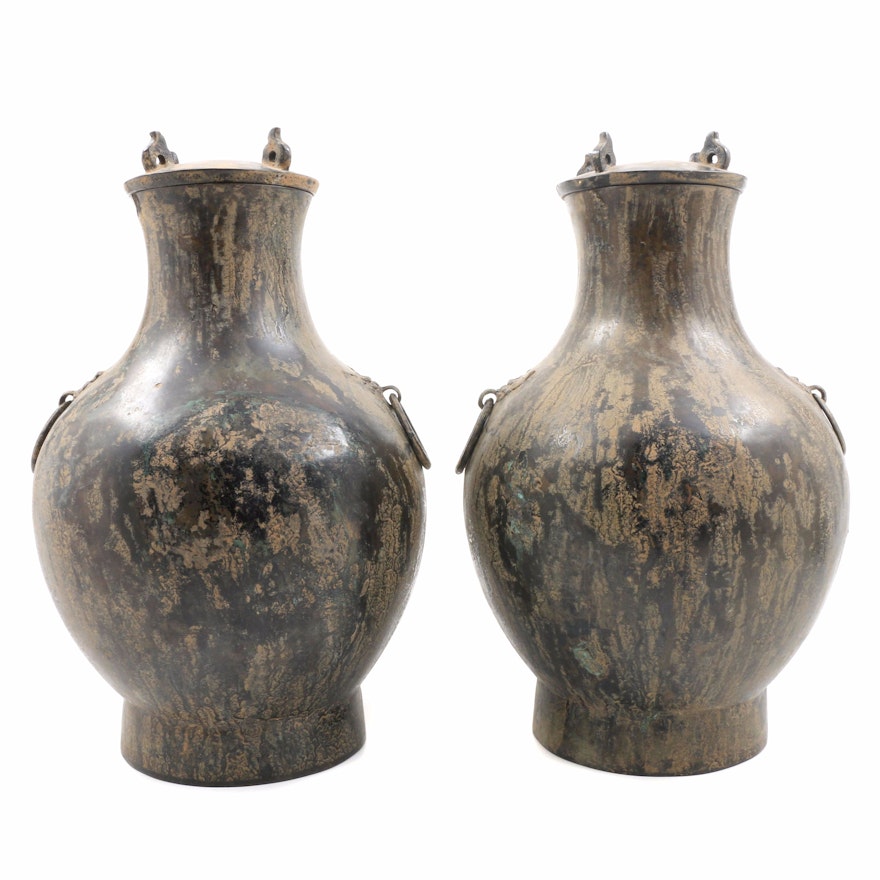 Pair of 19th Century Chinese "Hu" Form Vessels with Lids