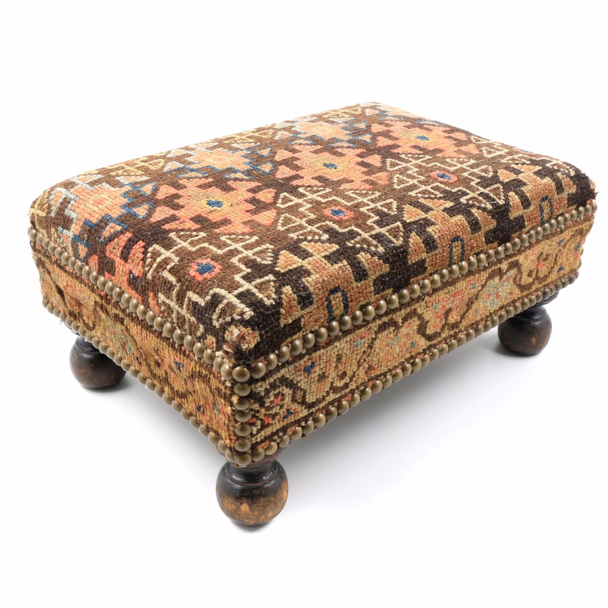 Small Footstool Upholstered in Vintage Hand Knotted Wool Rug
