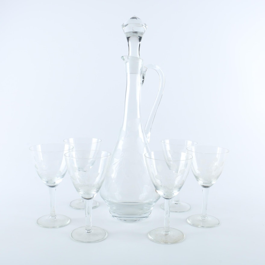 Etched Glass Decanter and Sherry Glasses