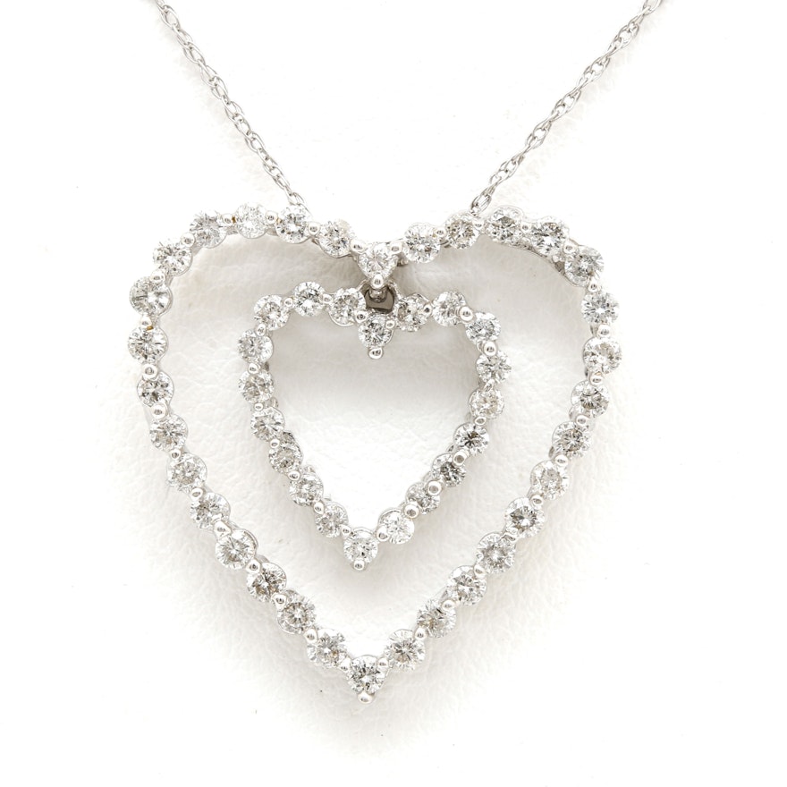 14K and 18K White Gold 1.00 CTW Diamond Heart Pendant Necklace