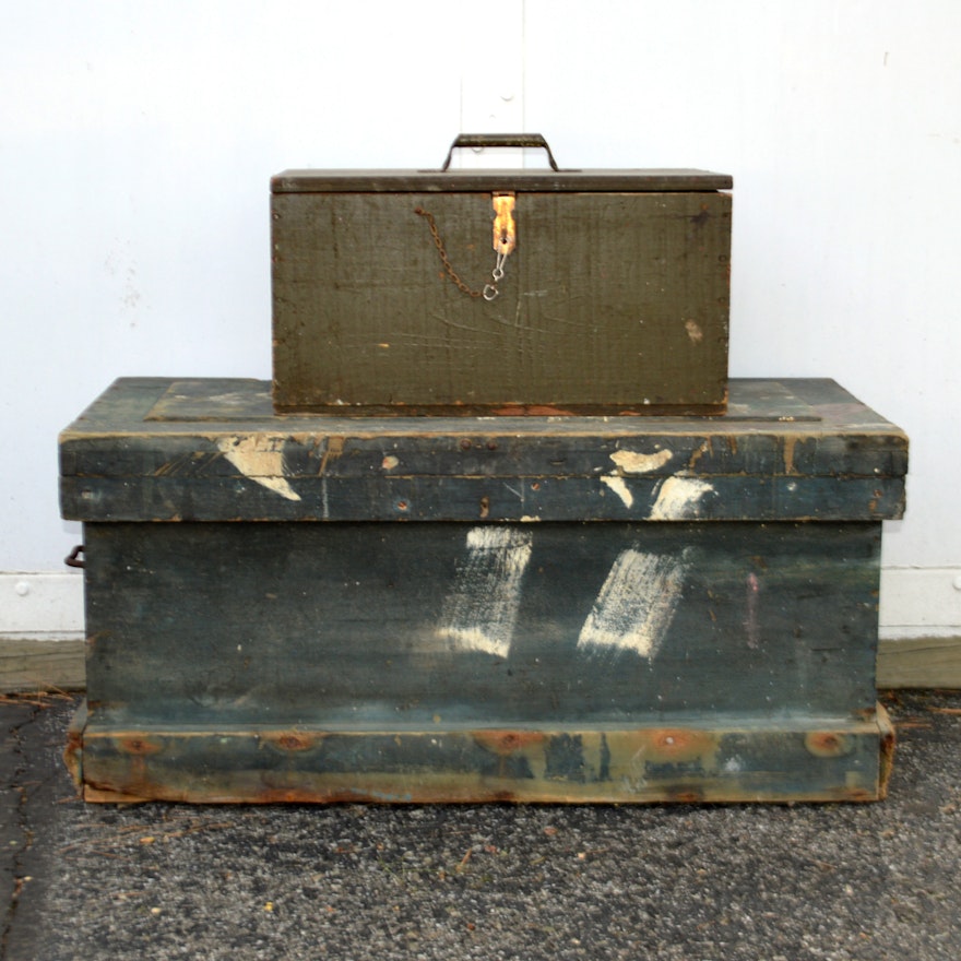 Pair of Wooden Tool Boxes and Tool Assortment