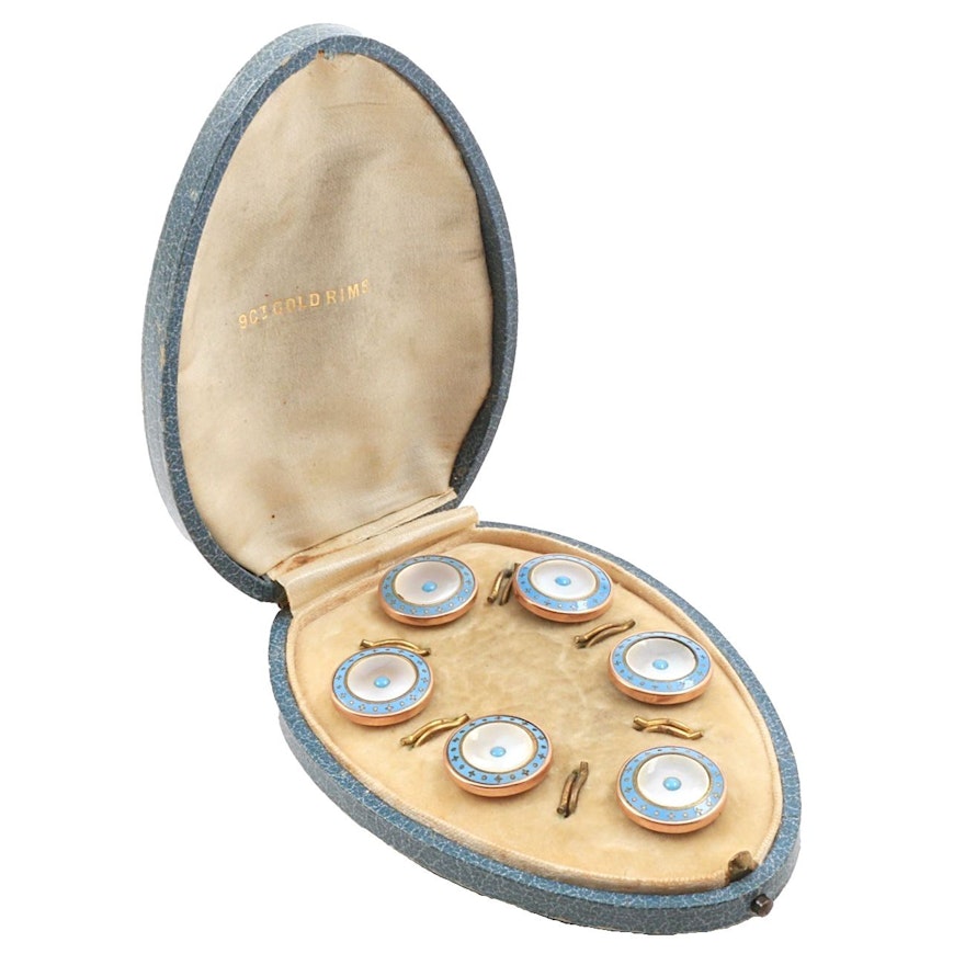 Circa 1910 Set of Buttons with 9K Rose Gold Rims, Mother-of-Pearl and Enamel