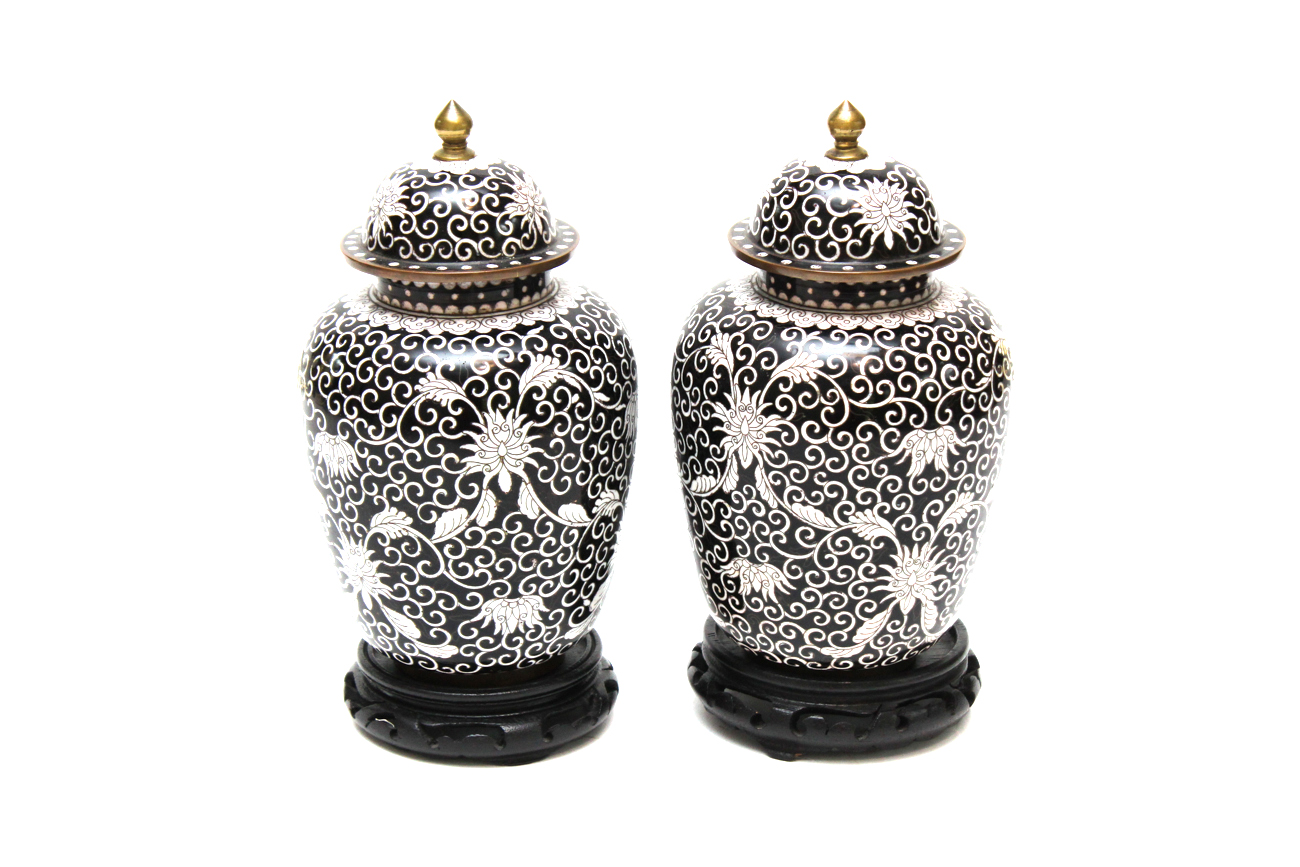 Chinese Black and White Cloisonné Urns