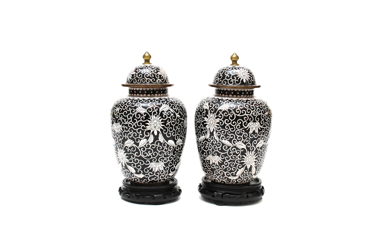 Chinese Black and White Cloisonné Urns