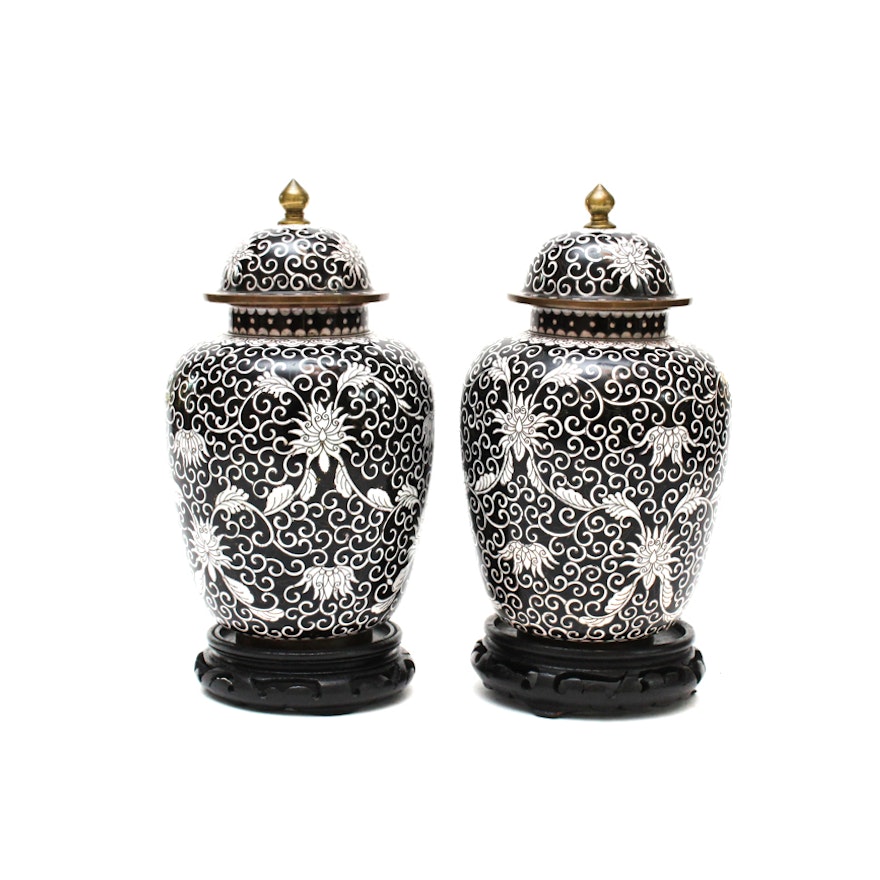 Chinese Black and White Cloisonné Urns