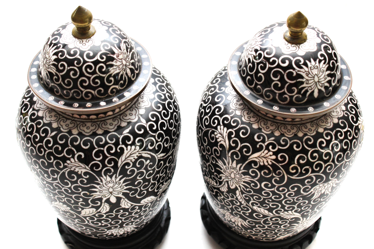 Chinese Black and White Cloisonné Urns