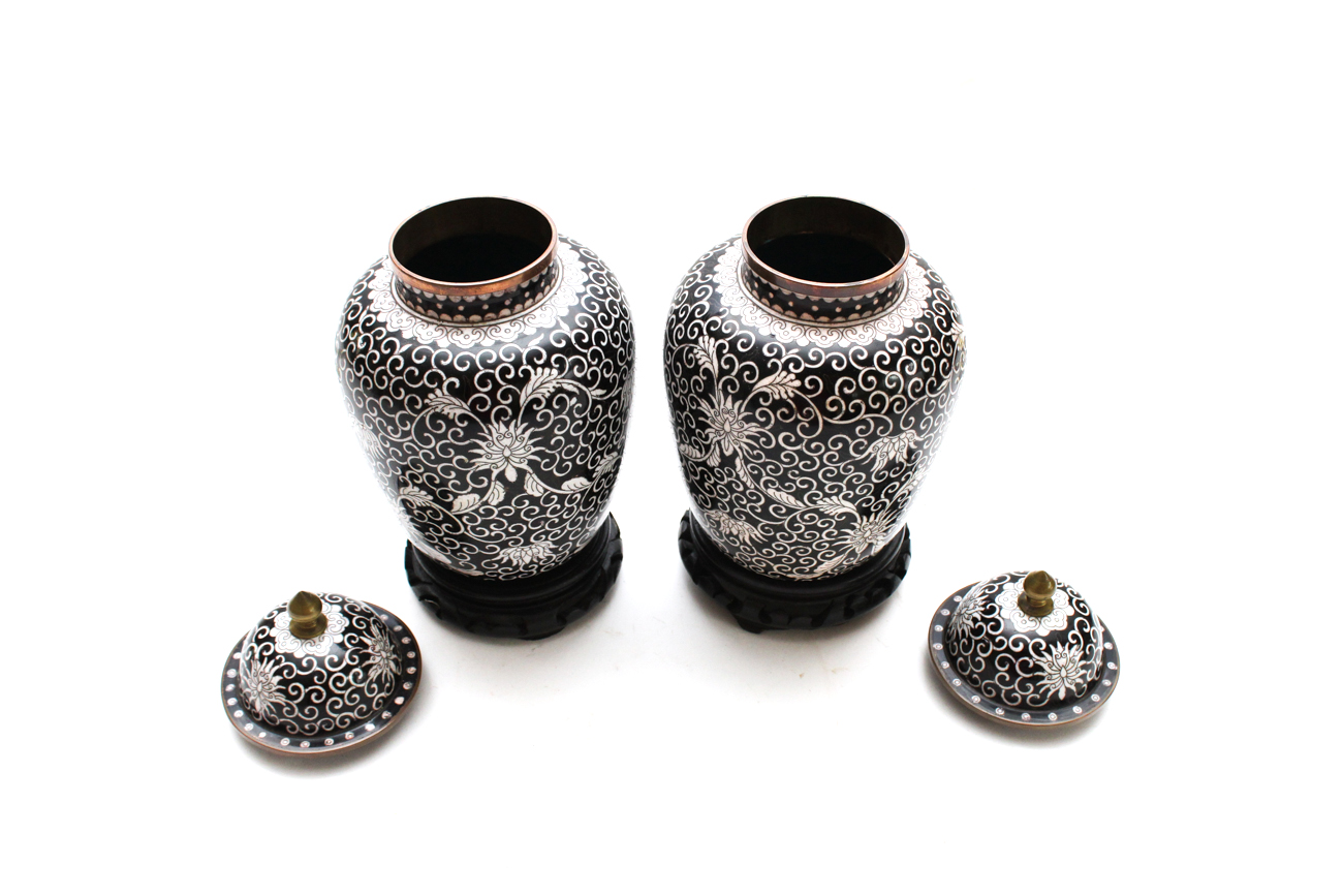 Chinese Black and White Cloisonné Urns