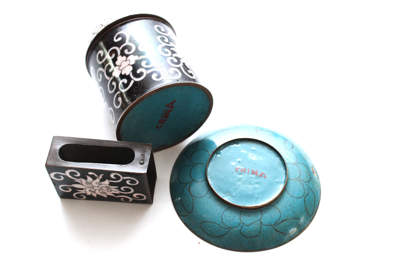 Chinese Black and White Cloisonné Smoking Set