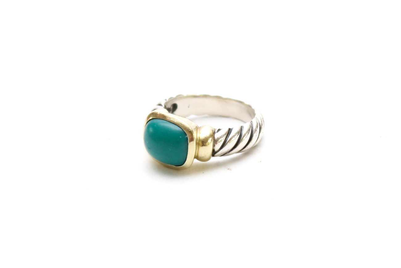 David Yurman Sterling and 14K Gold Ring With Reconstituted Turquoise Cabochon