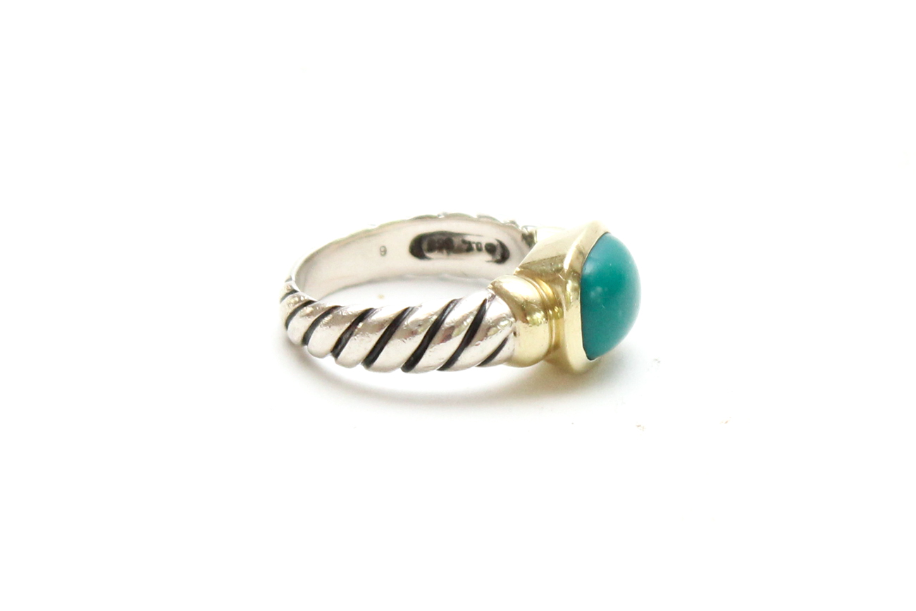 David Yurman Sterling and 14K Gold Ring With Reconstituted Turquoise Cabochon