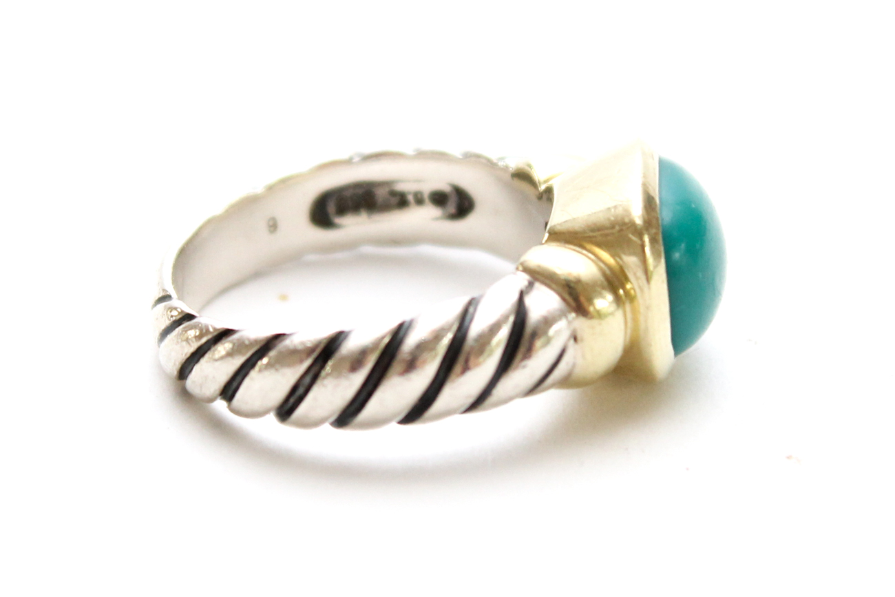 David Yurman Sterling and 14K Gold Ring With Reconstituted Turquoise Cabochon