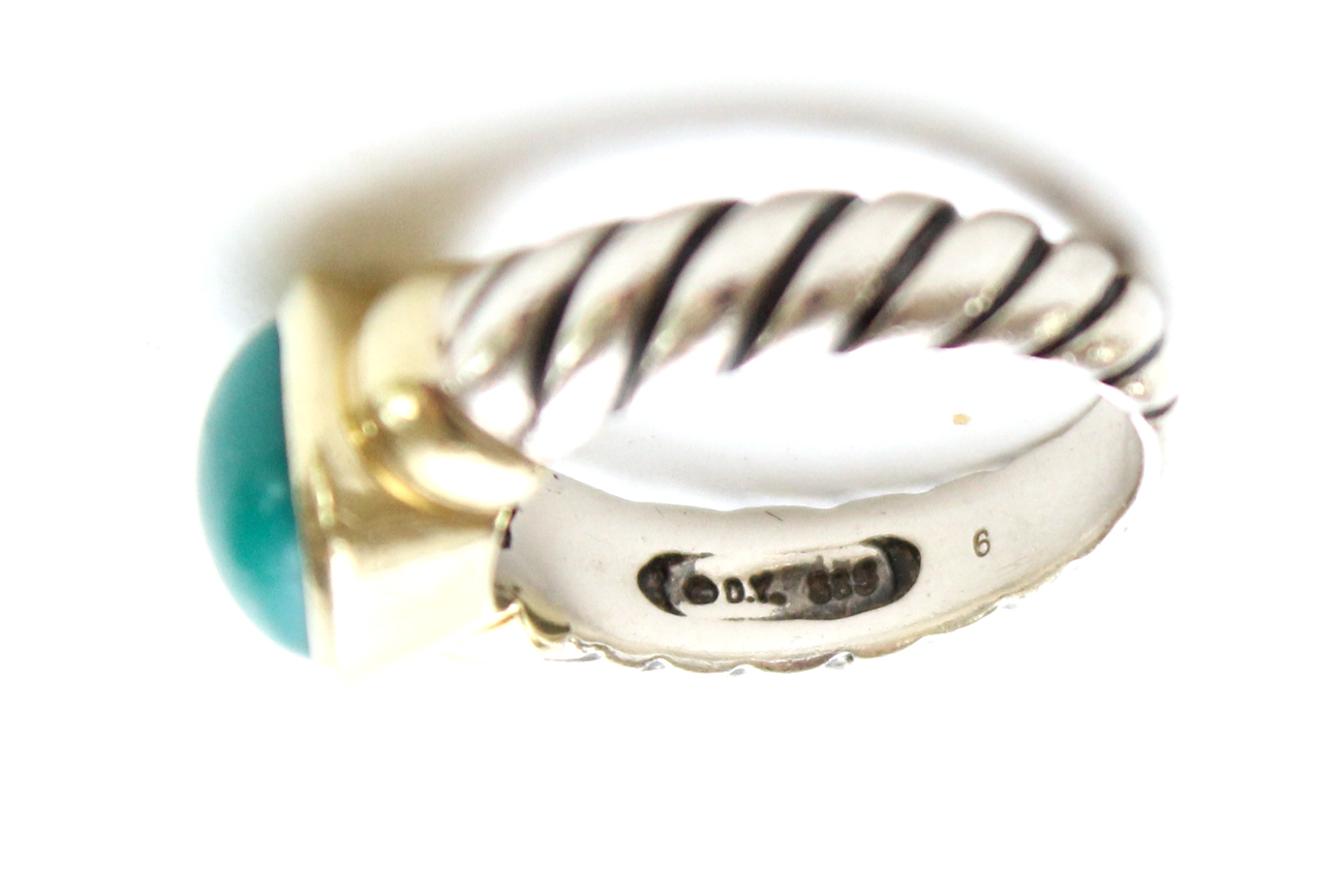 David Yurman Sterling and 14K Gold Ring With Reconstituted Turquoise Cabochon