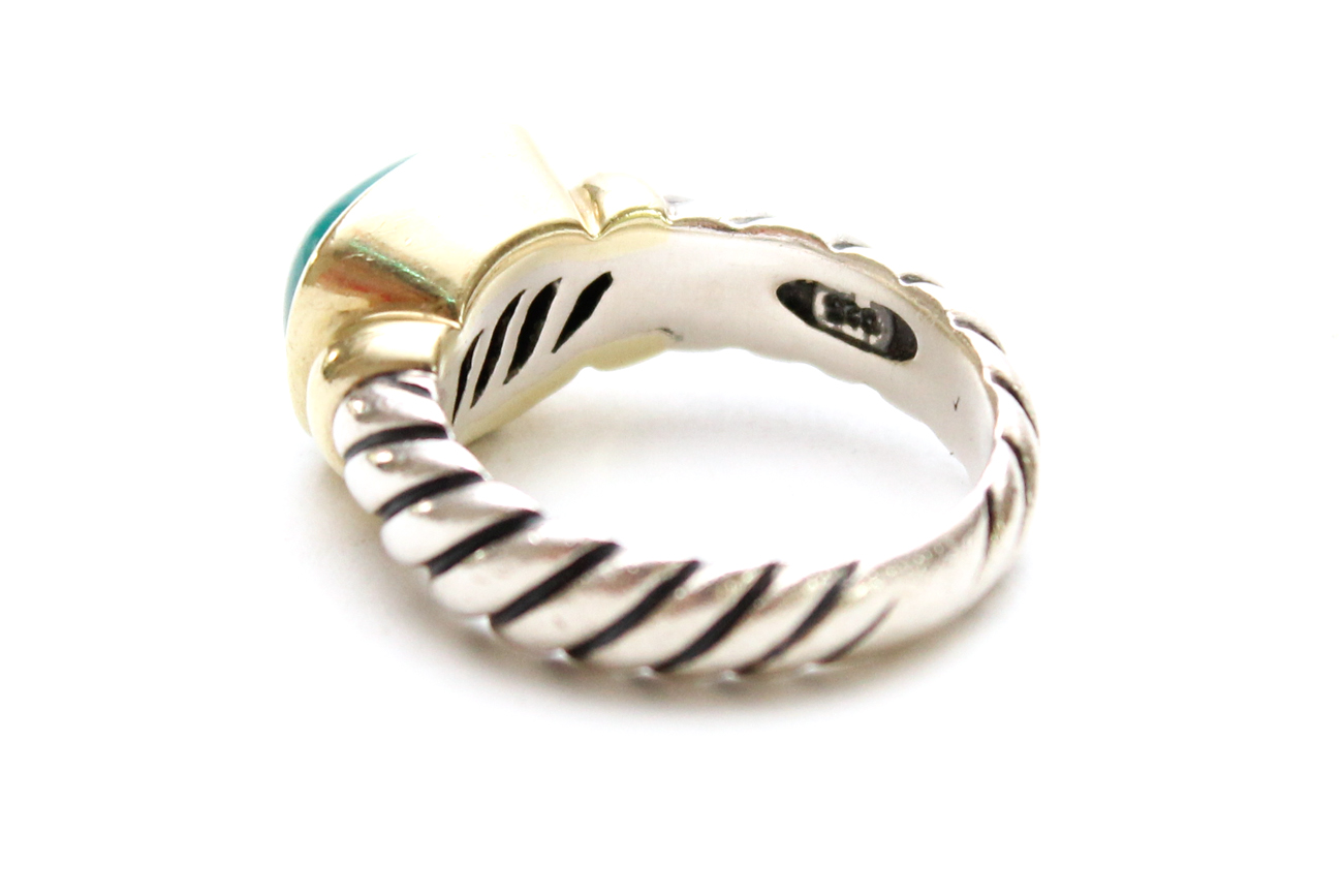 David Yurman Sterling and 14K Gold Ring With Reconstituted Turquoise Cabochon