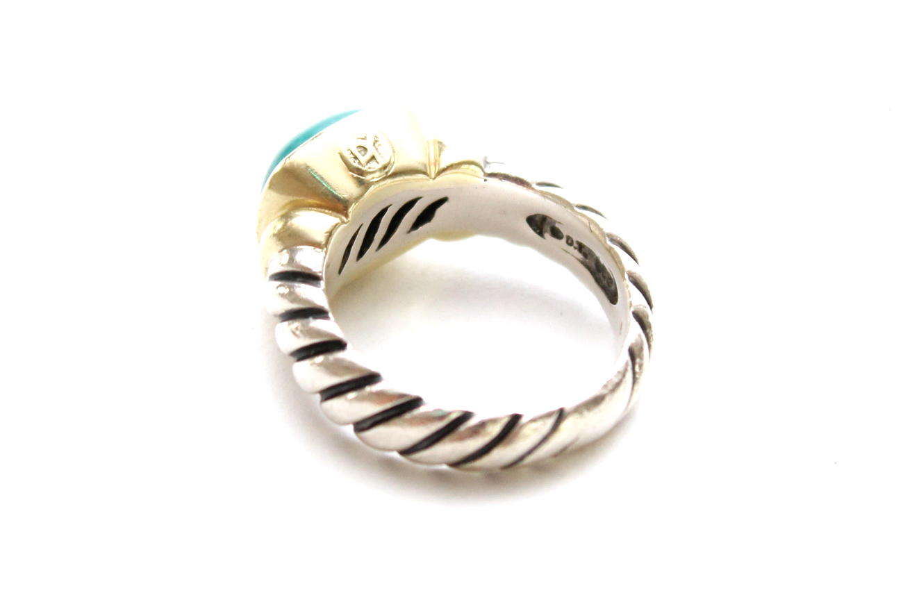 David Yurman Sterling and 14K Gold Ring With Reconstituted Turquoise Cabochon