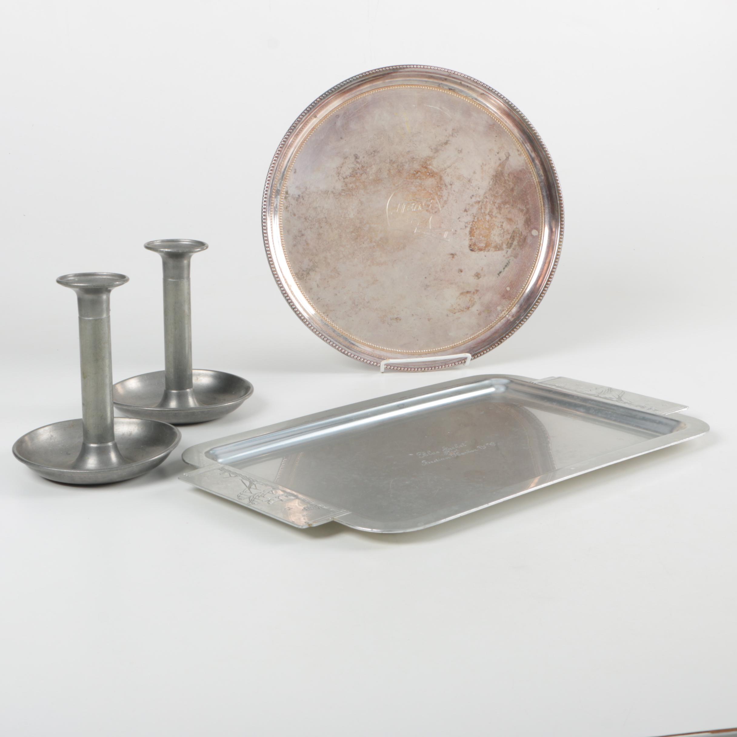 Pewter Candlesticks and Other Assorted Metal Decor