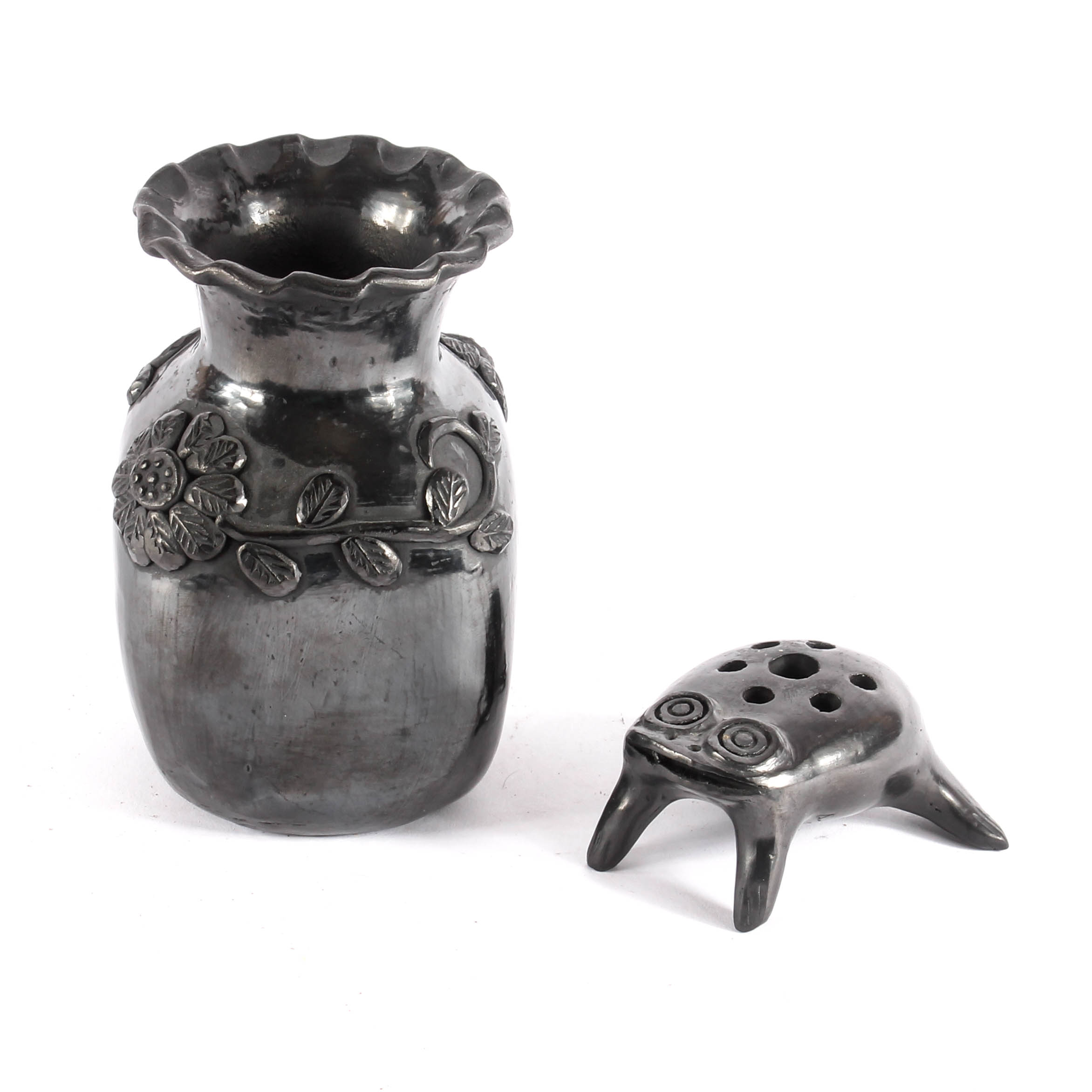 Signed Doña Rosa Handbuilt Black Clay Oaxaca Vase and Figurine