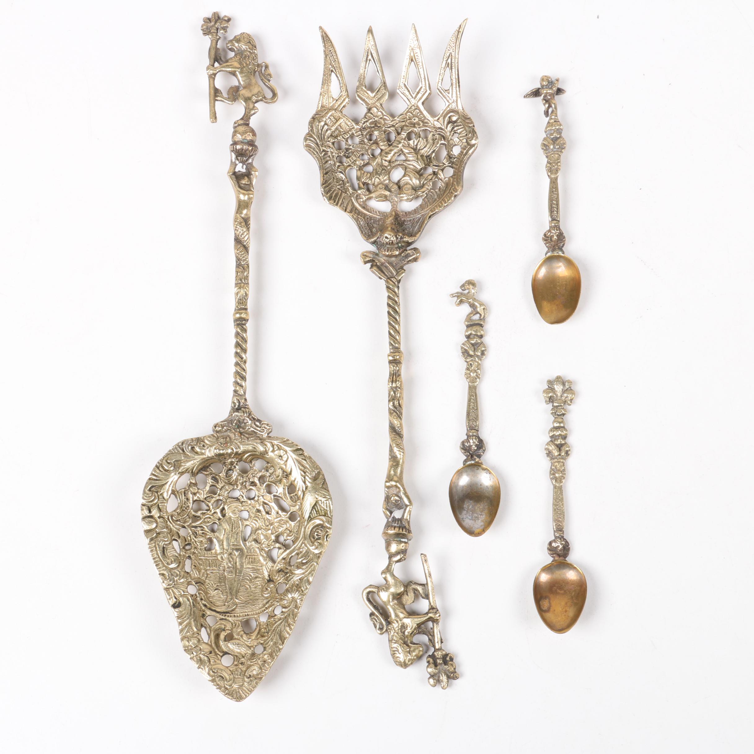 Brass Figural Utensils with Italian Teaspoons