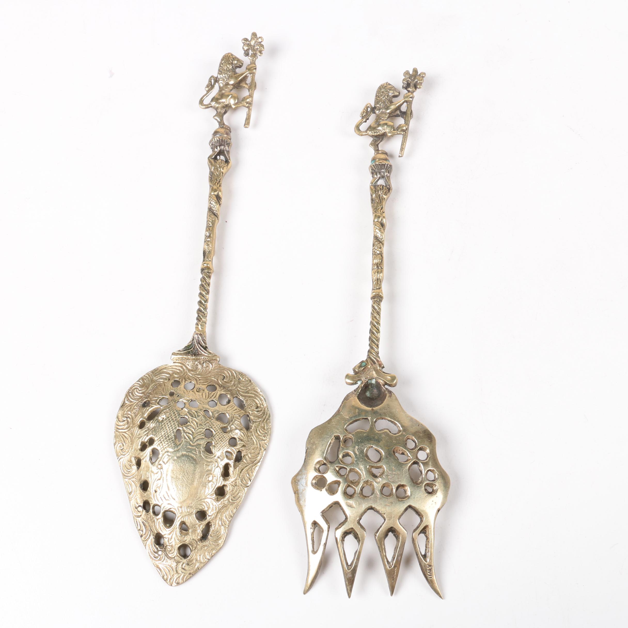 Brass Figural Utensils with Italian Teaspoons