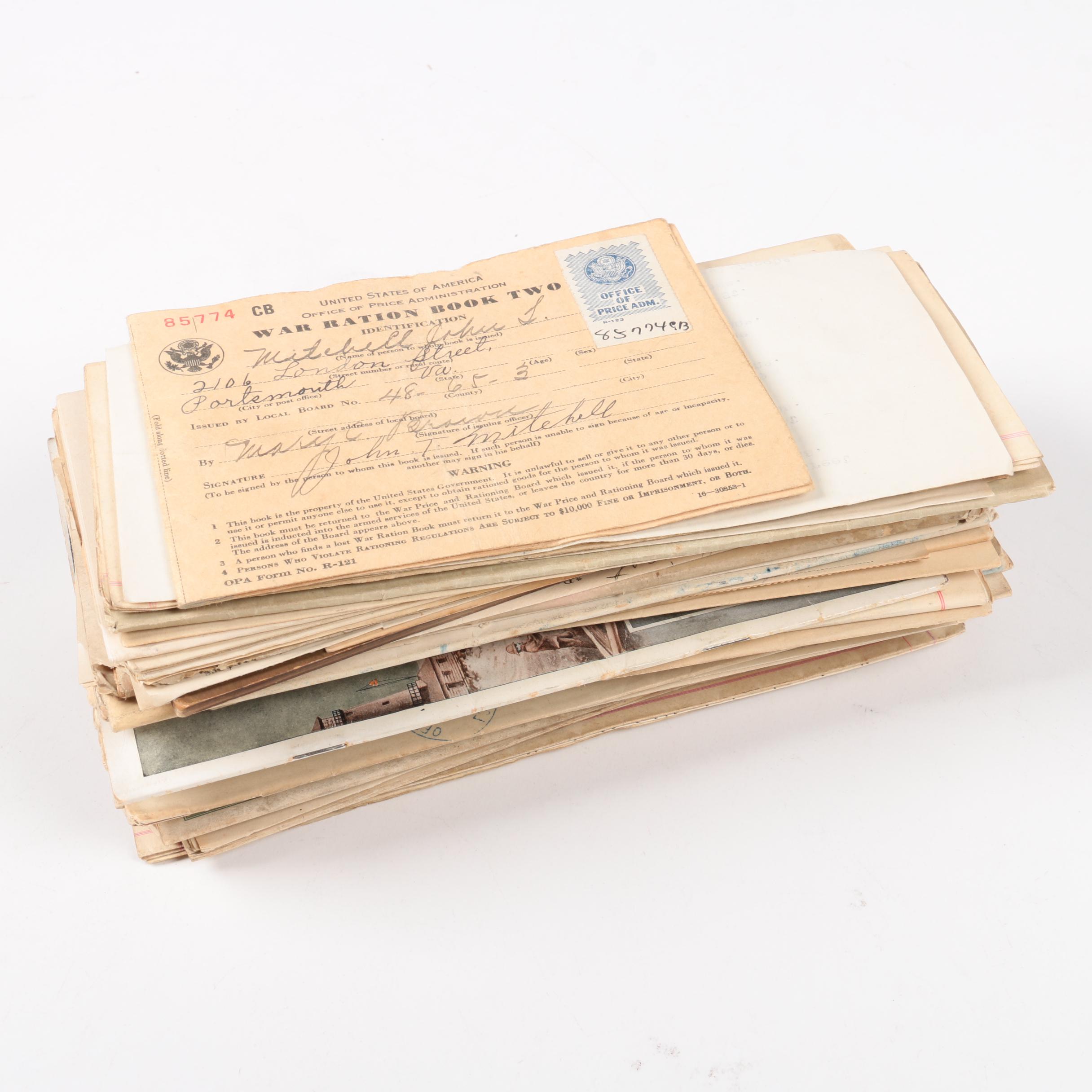 Antique and Vintage Personal Documents And Ephemera Including WWII Ration Books