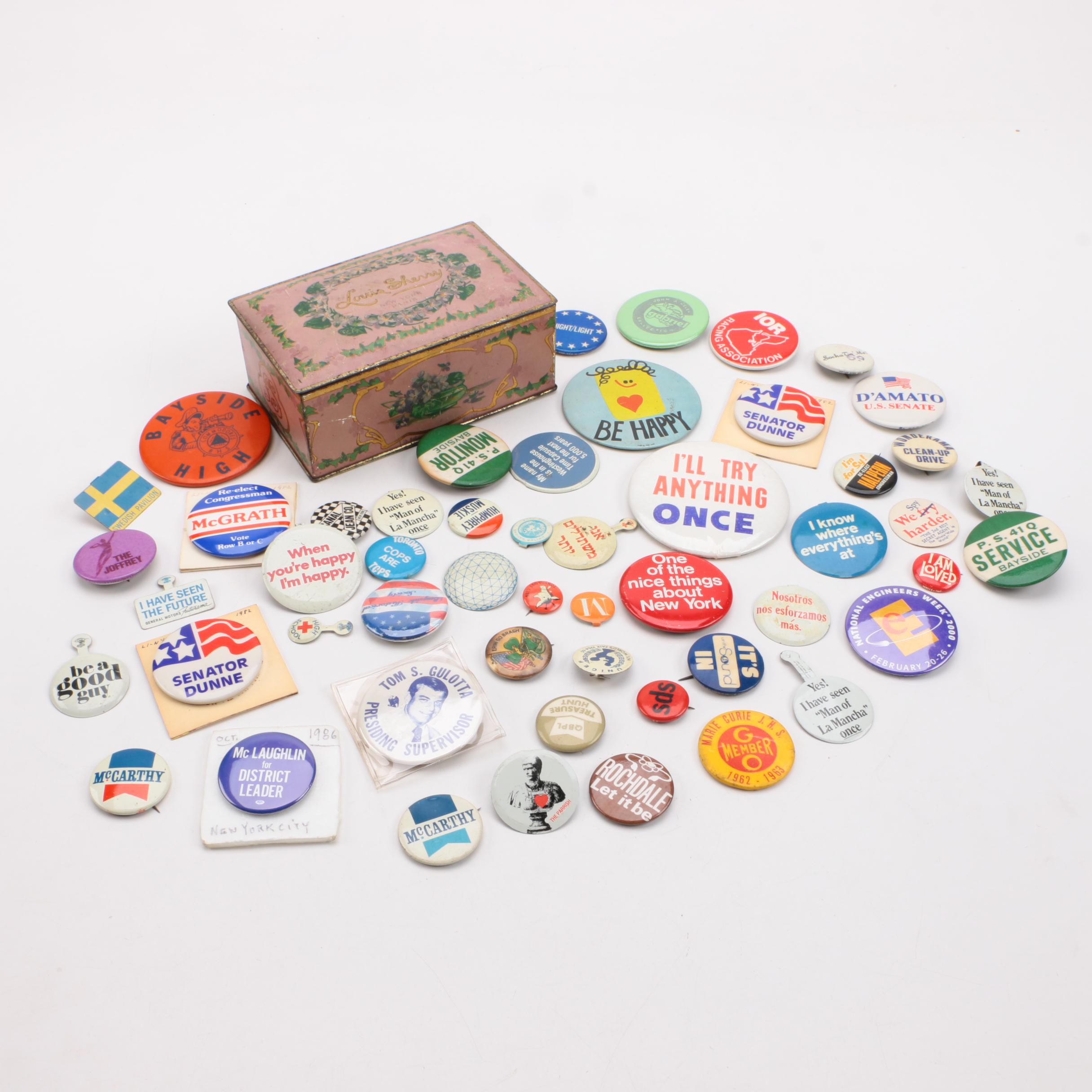 Political Buttons Collection in Metal Box
