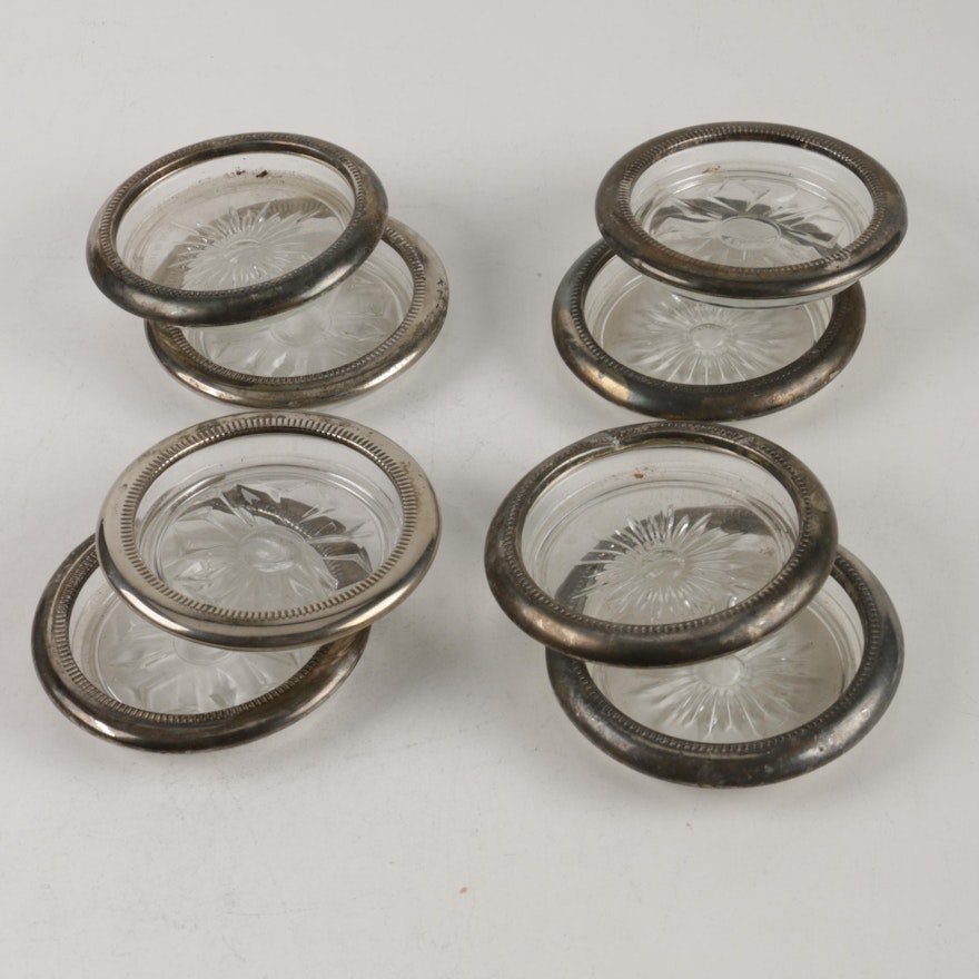 Two Sets of Sterling Rimmed Glass Coasters
