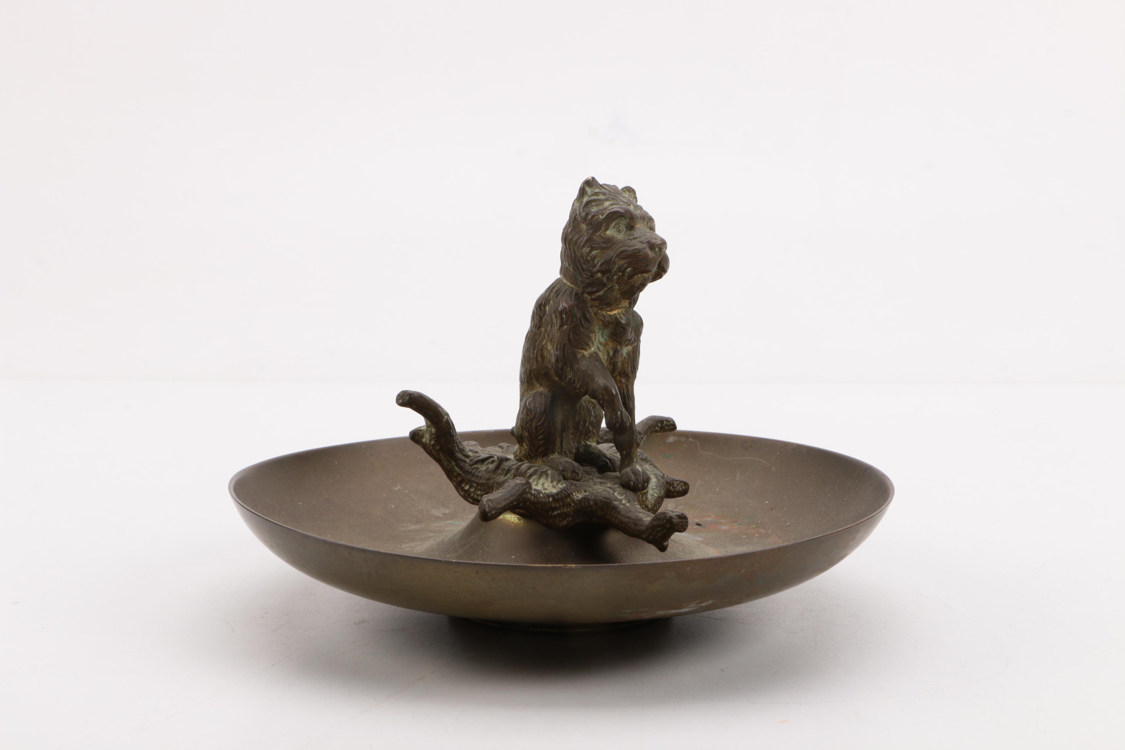 Brass Pedestal Bowl and Figural Handled Ash Receiver