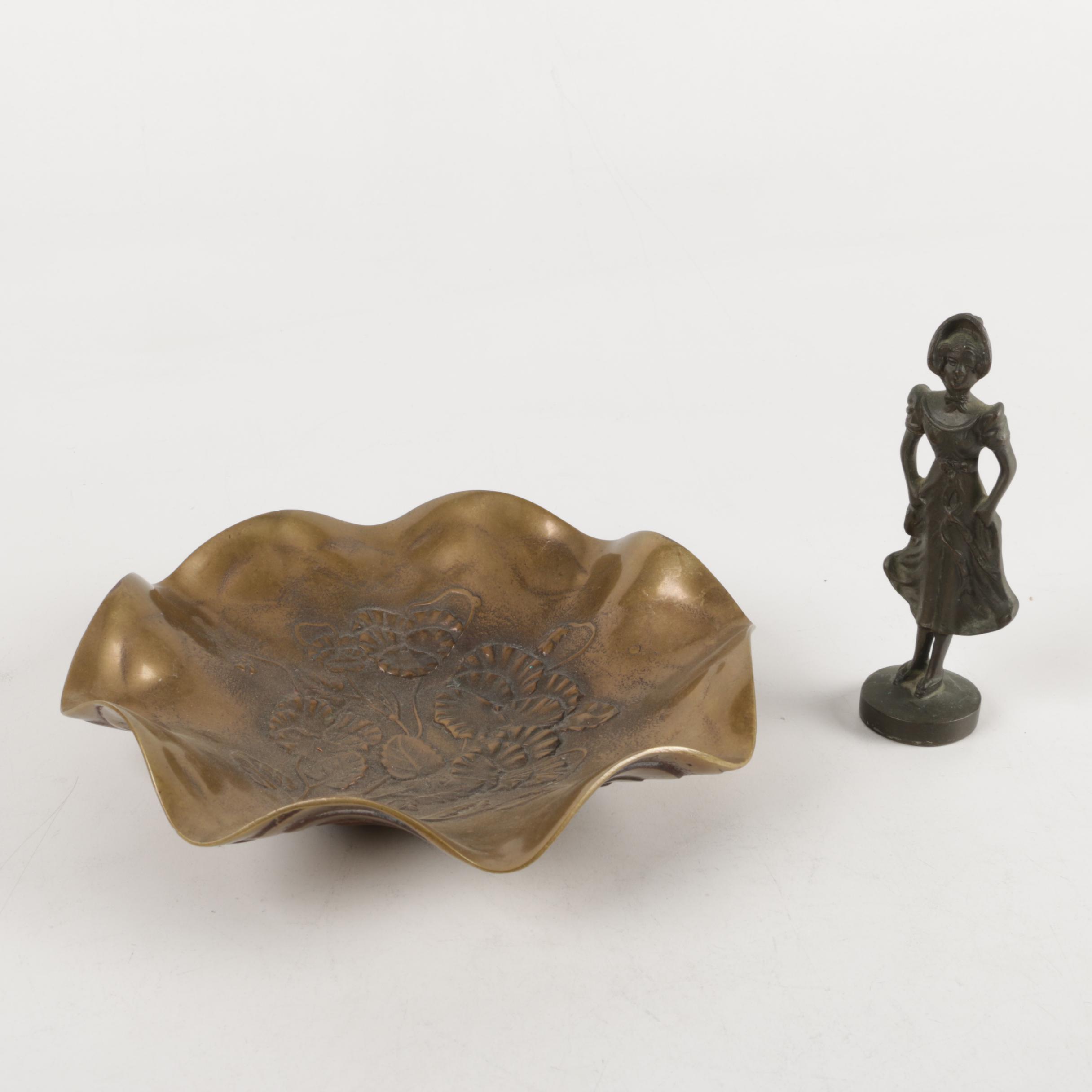Decorative Brass Bowl and Cast Iron Figurine