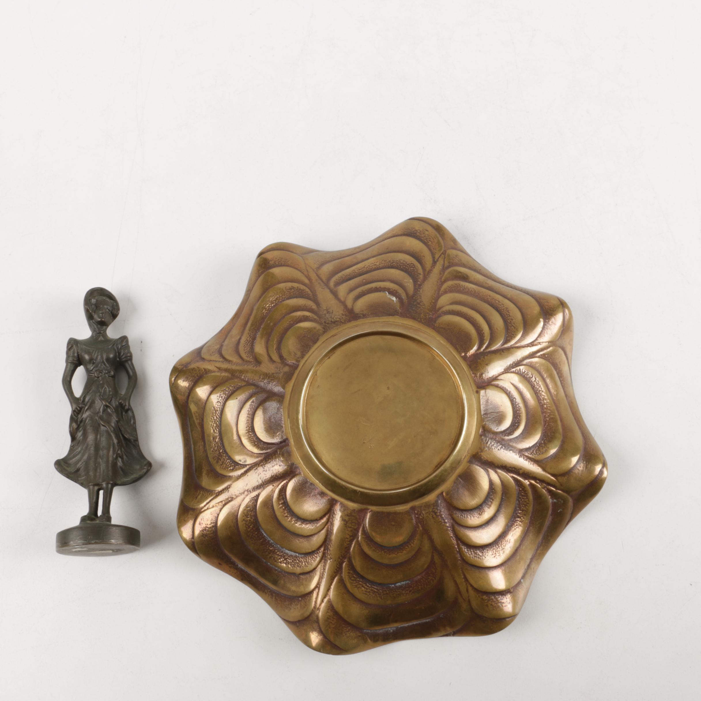 Decorative Brass Bowl and Cast Iron Figurine