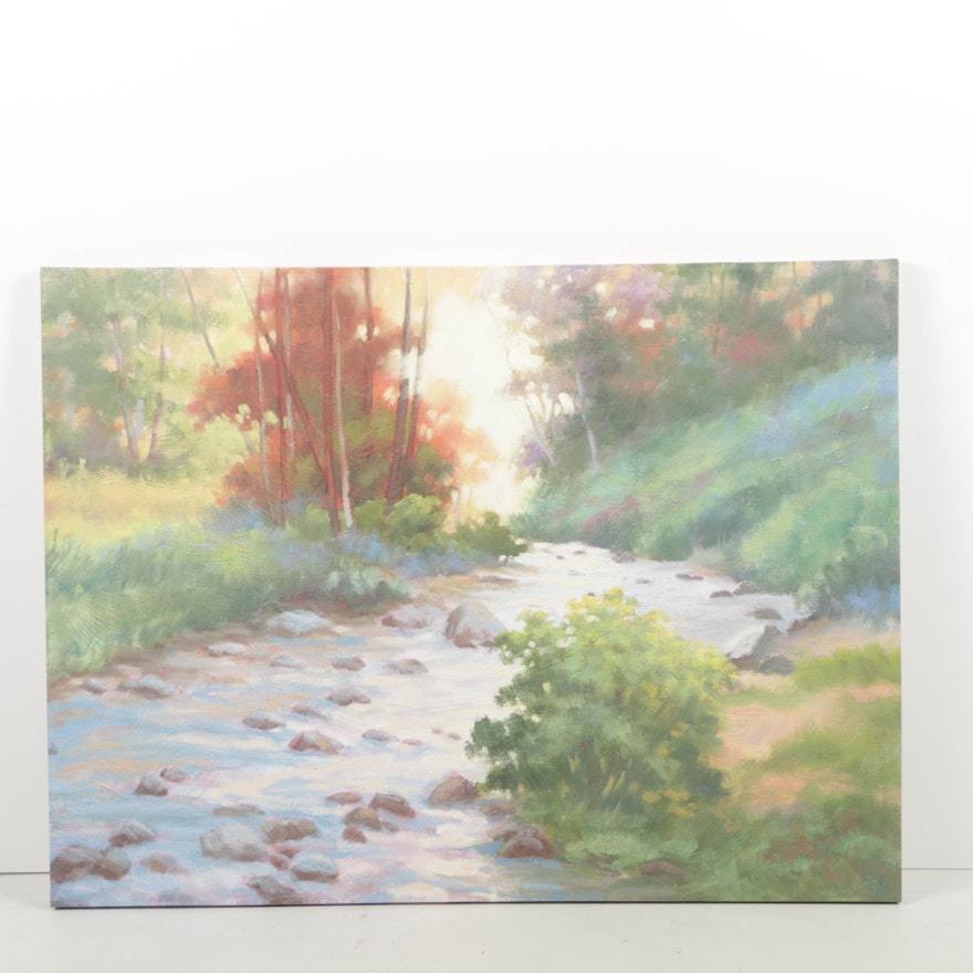 Giclee on Canvas Print After Landscape Painting of a Wooded Stream