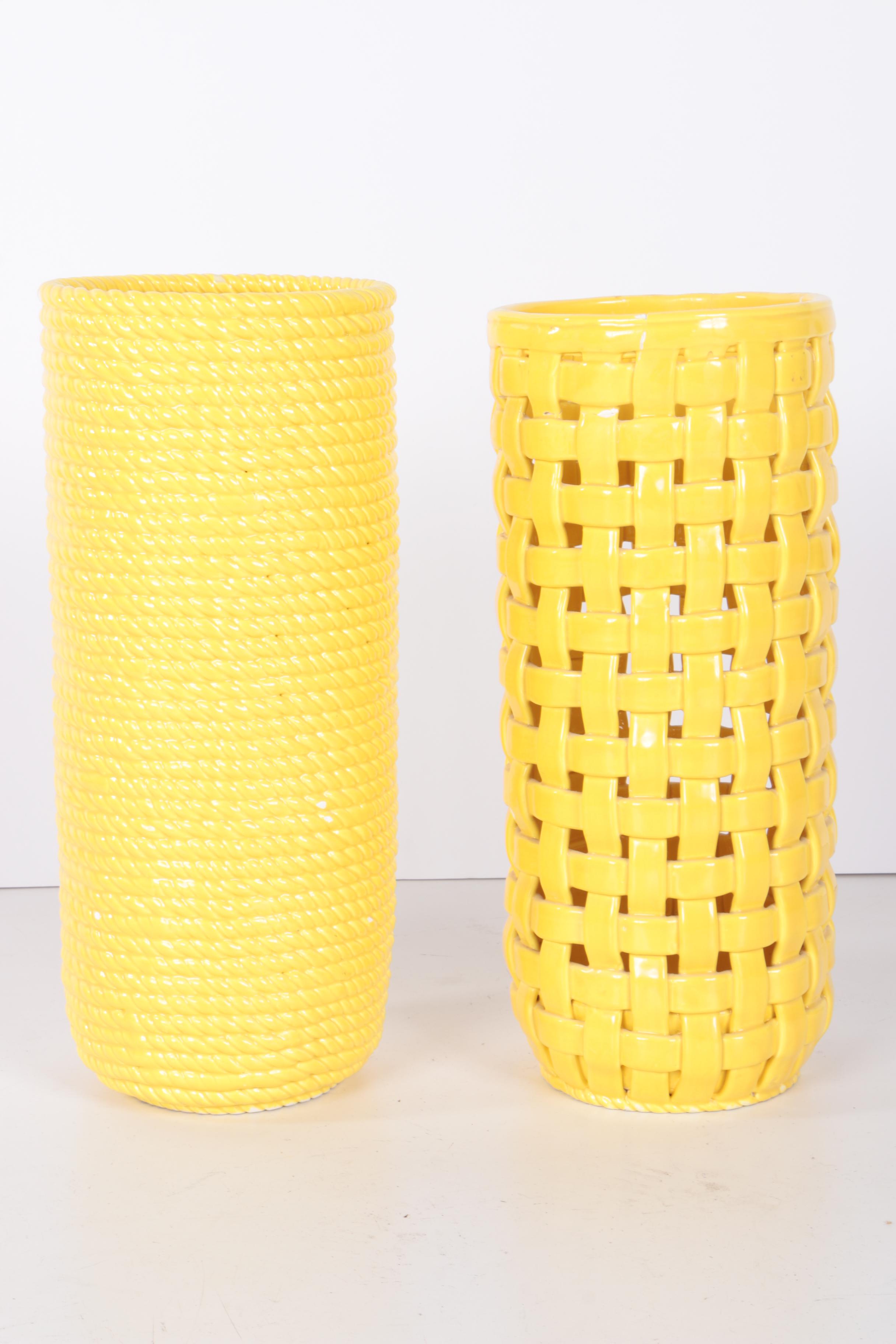 Pair of Yellow Basket Woven Patterned Ceramic Vases