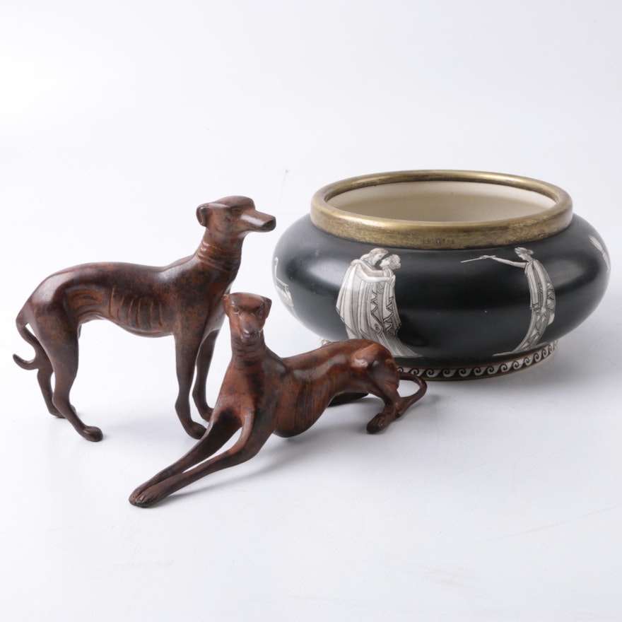 Classical Style Rialto Ware Vessel and a pair of Cast Metal Greyhound Figurines