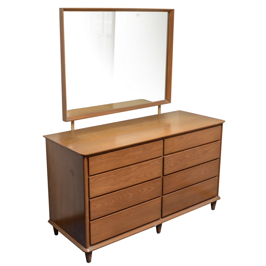 Mid Century Modern White Ash Dresser and Mirror Set