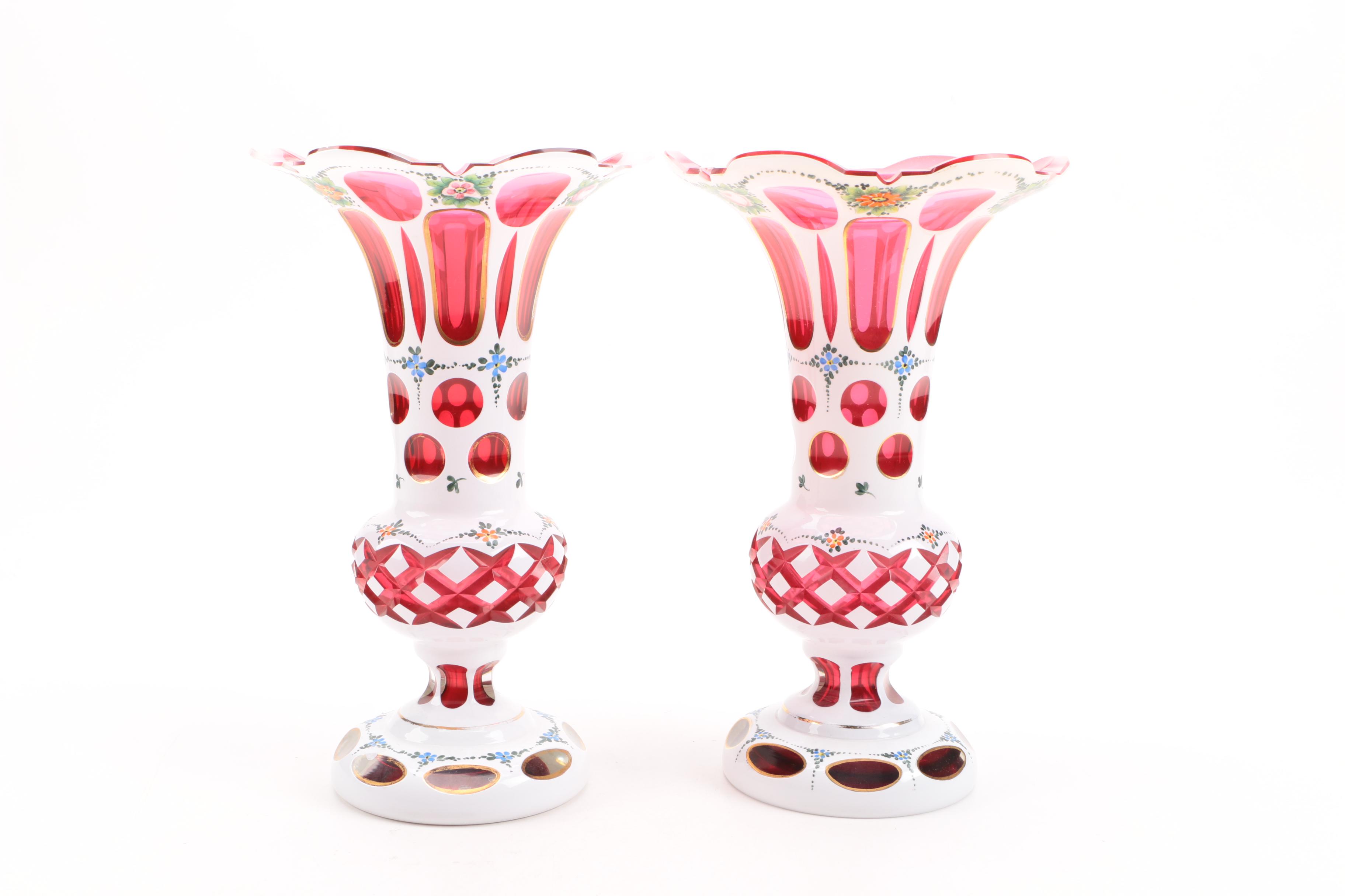 Pair of Vintage Cased Cut to Ruby Bohemian Glass Vases