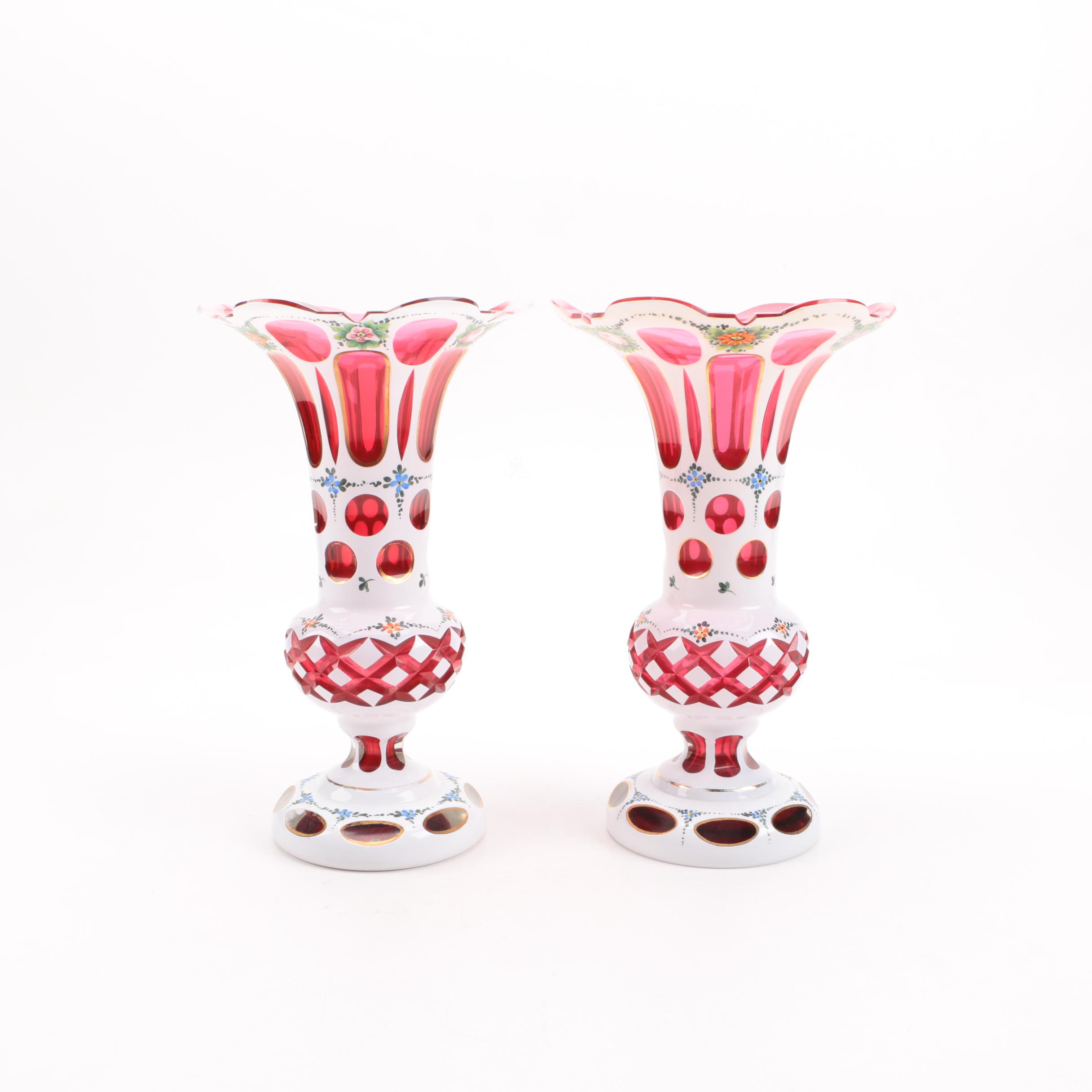 Pair of Vintage Cased Cut to Ruby Bohemian Glass Vases