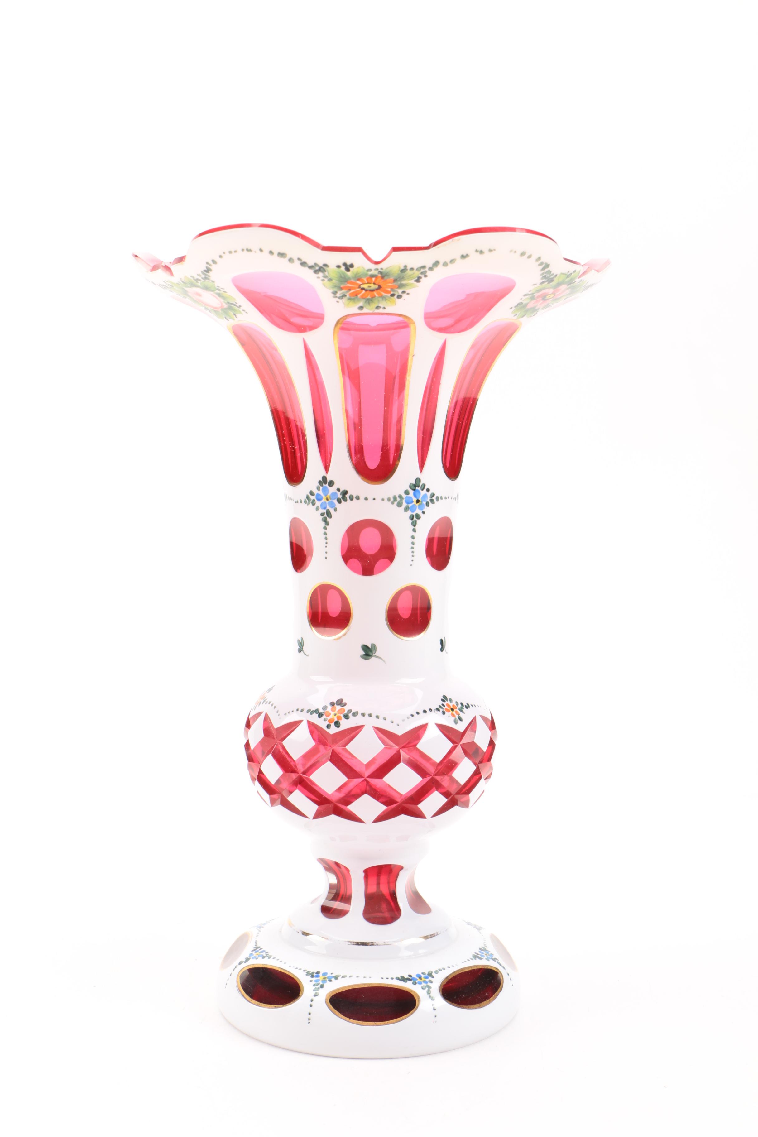 Pair of Vintage Cased Cut to Ruby Bohemian Glass Vases