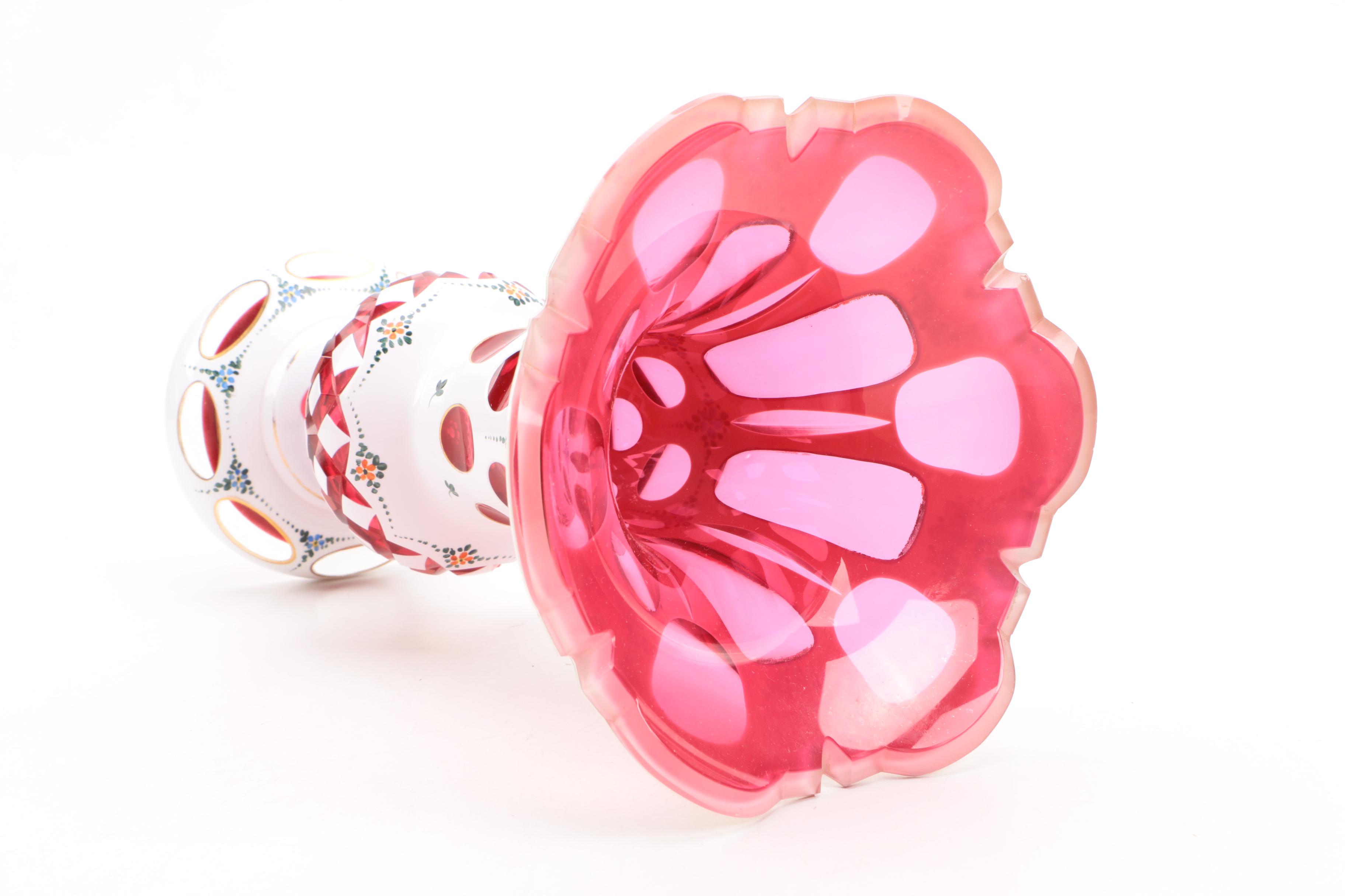 Pair of Vintage Cased Cut to Ruby Bohemian Glass Vases