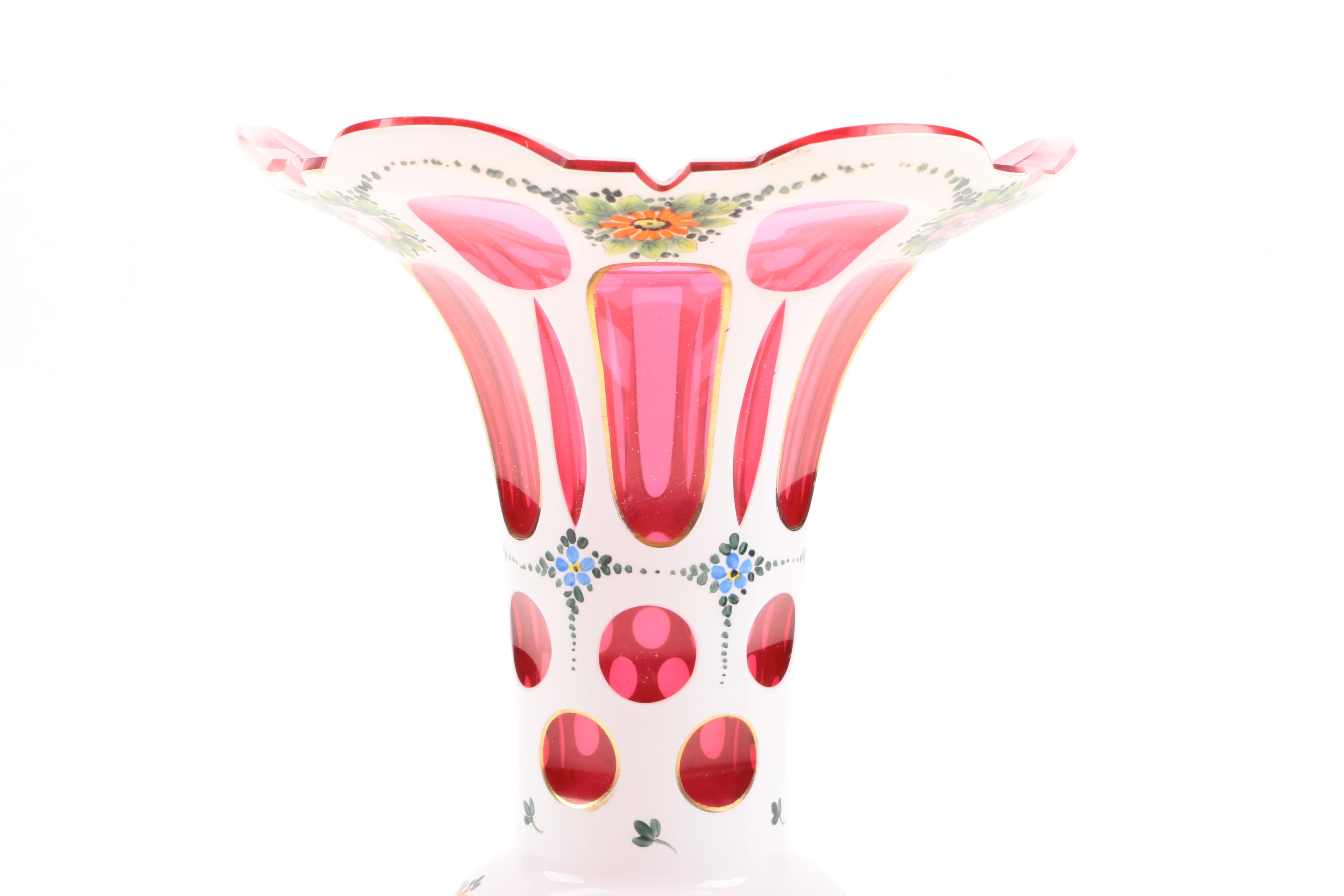 Pair of Vintage Cased Cut to Ruby Bohemian Glass Vases