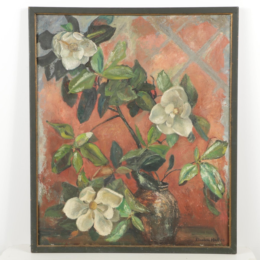 Elizabeth Hall Oil on Canvas Still Life of White Magnolias