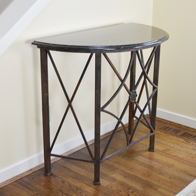 Granite Top Iron Demilune Entry Table
