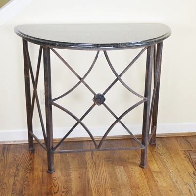 Granite Top Iron Demilune Entry Table
