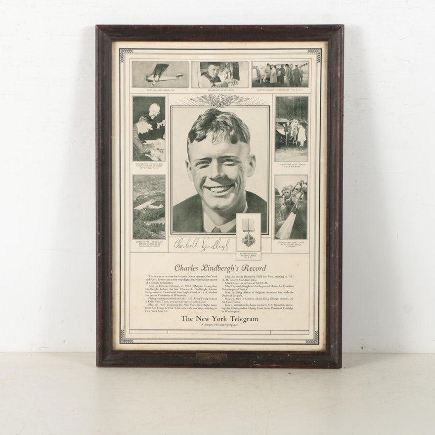 Mid Century New York Telegram Charles Lindbergh Letterpress and Halftone Poster