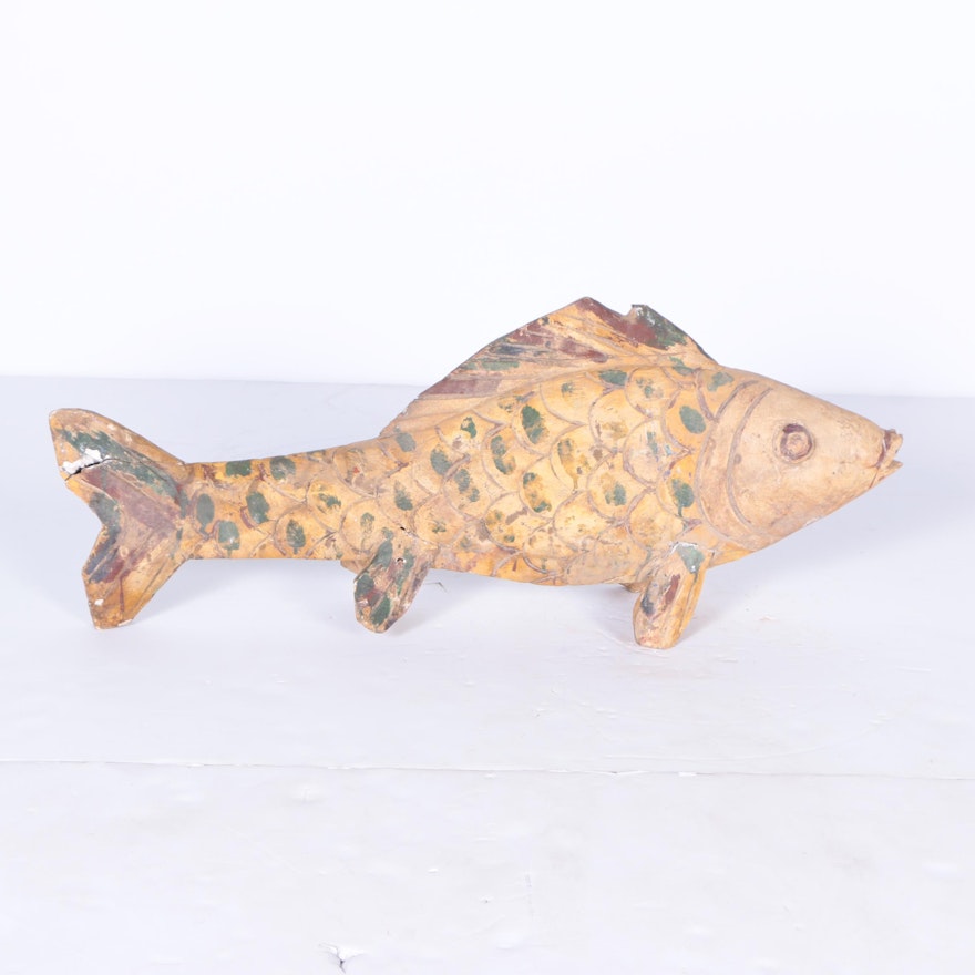 Vintage Hand Carved Wooden Koi Decoration