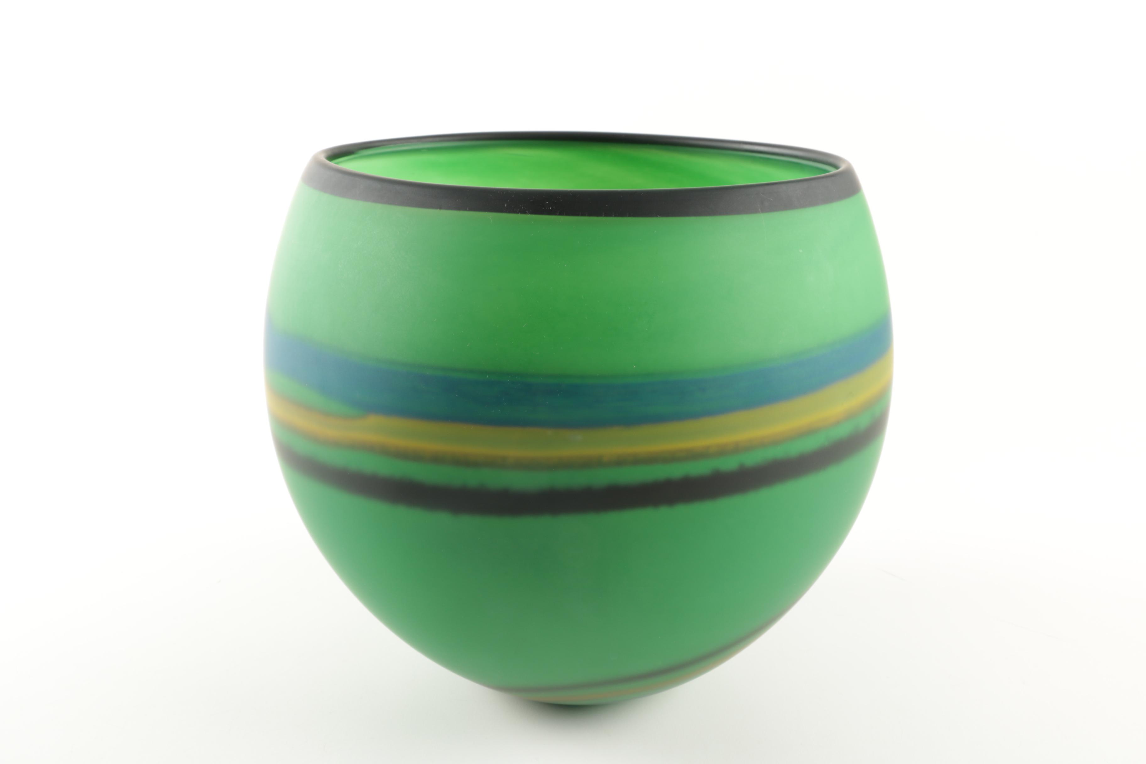 Modern Green Glass Vase with Striped Design