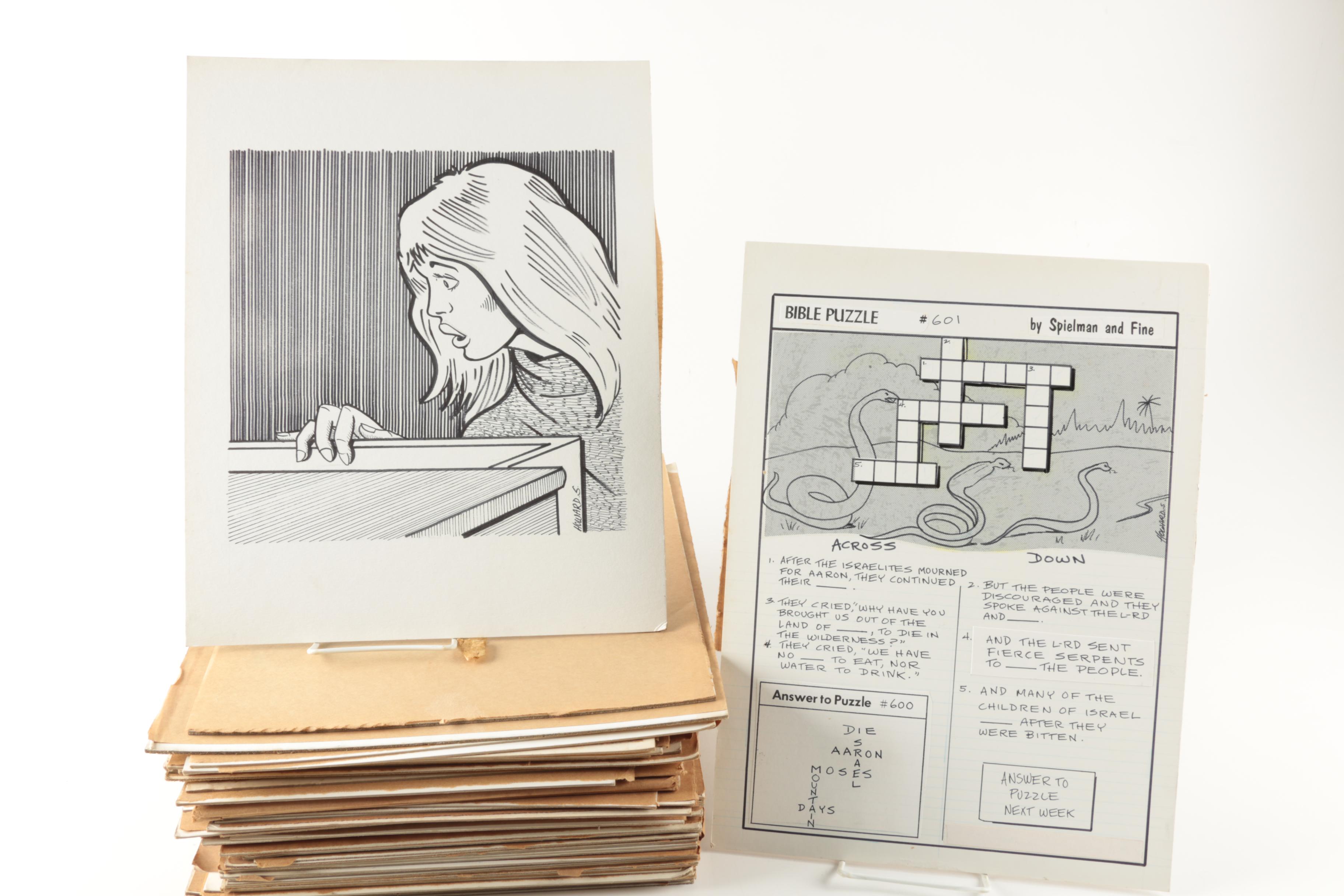Collection of "Spielman and Fine" Crossword Puzzle and Illustrations