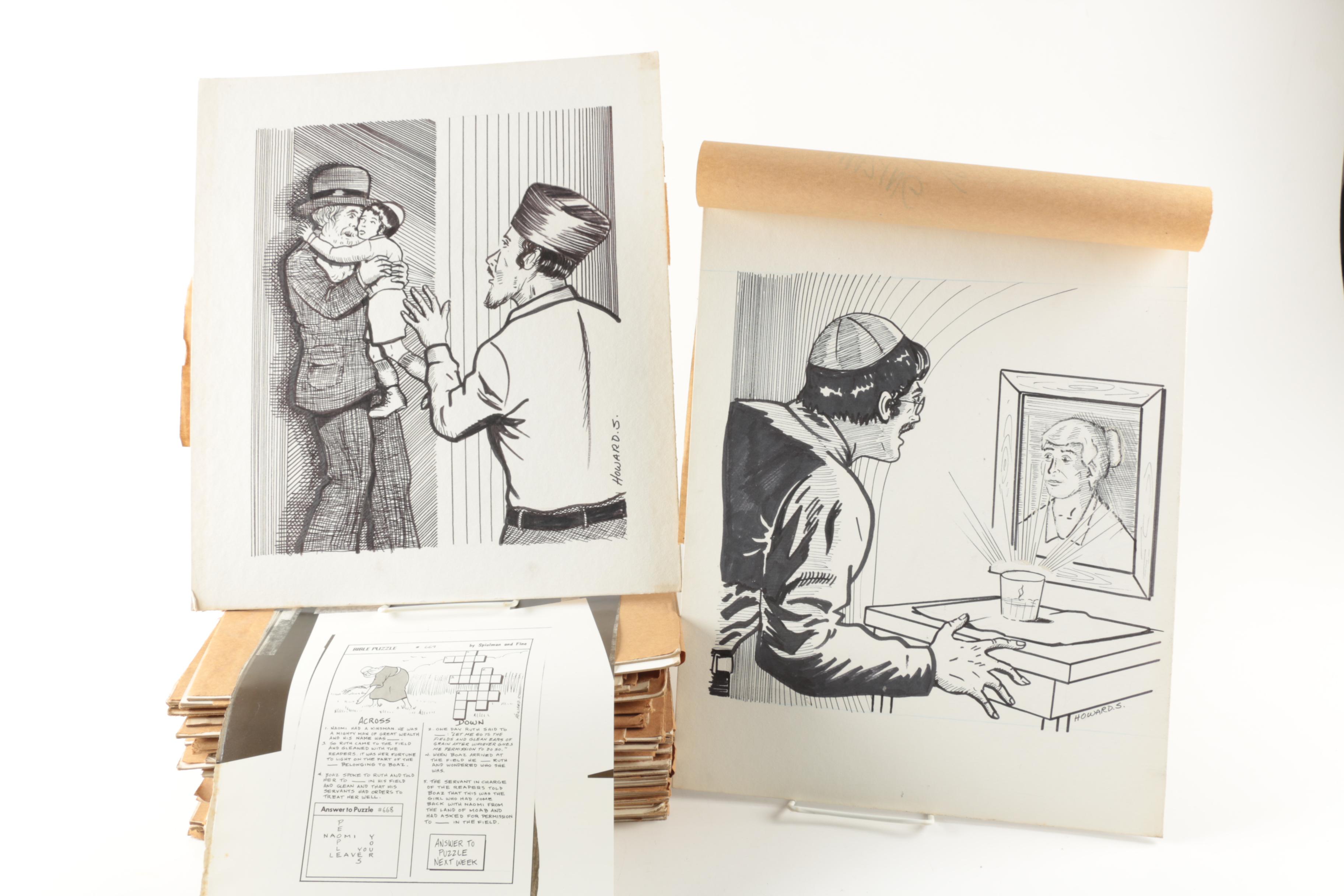 Collection of "Spielman and Fine" Crossword Puzzle and Illustrations