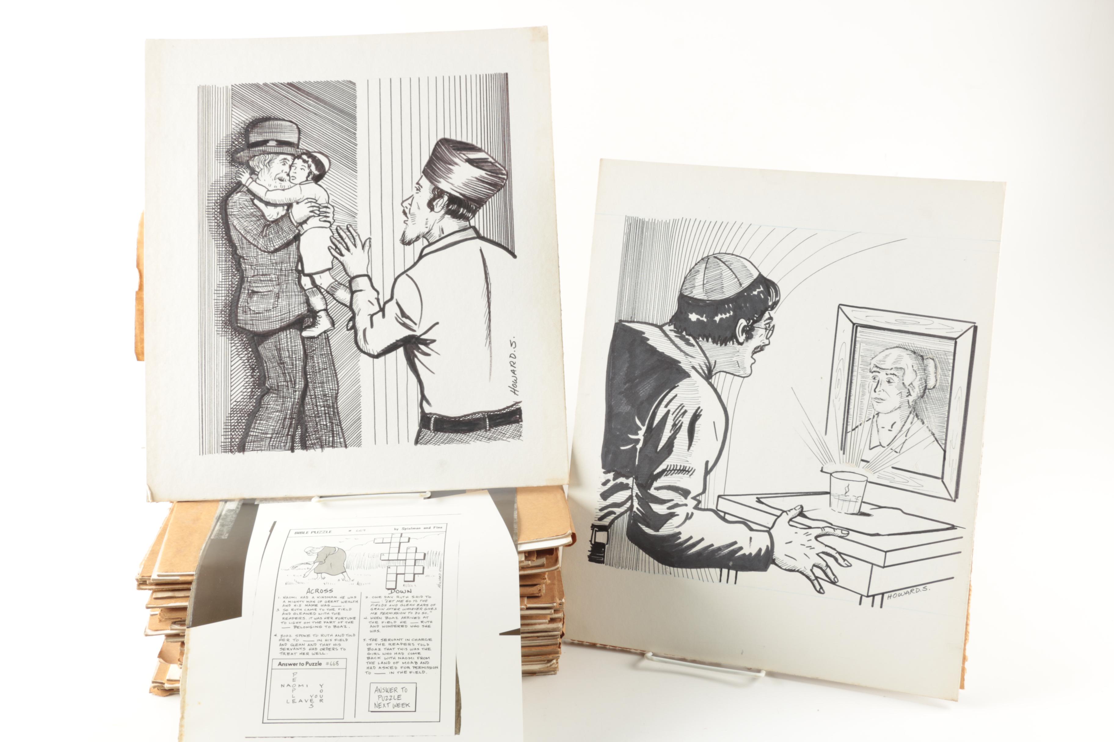 Collection of "Spielman and Fine" Crossword Puzzle and Illustrations