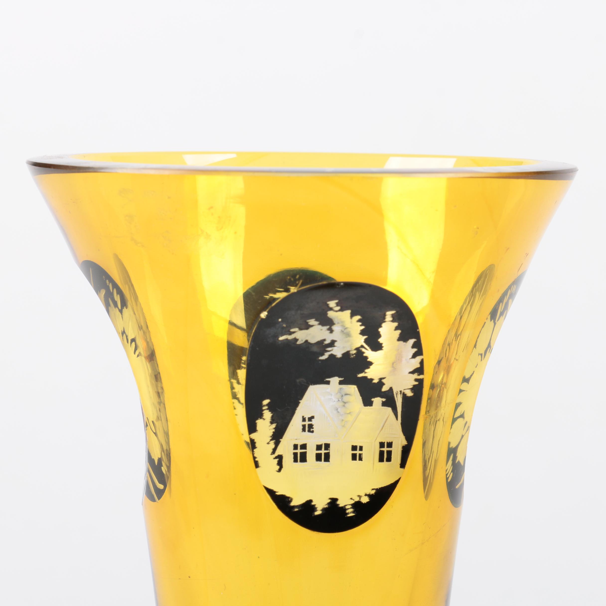 Vintage Czech Glass Vase with Etched Designs