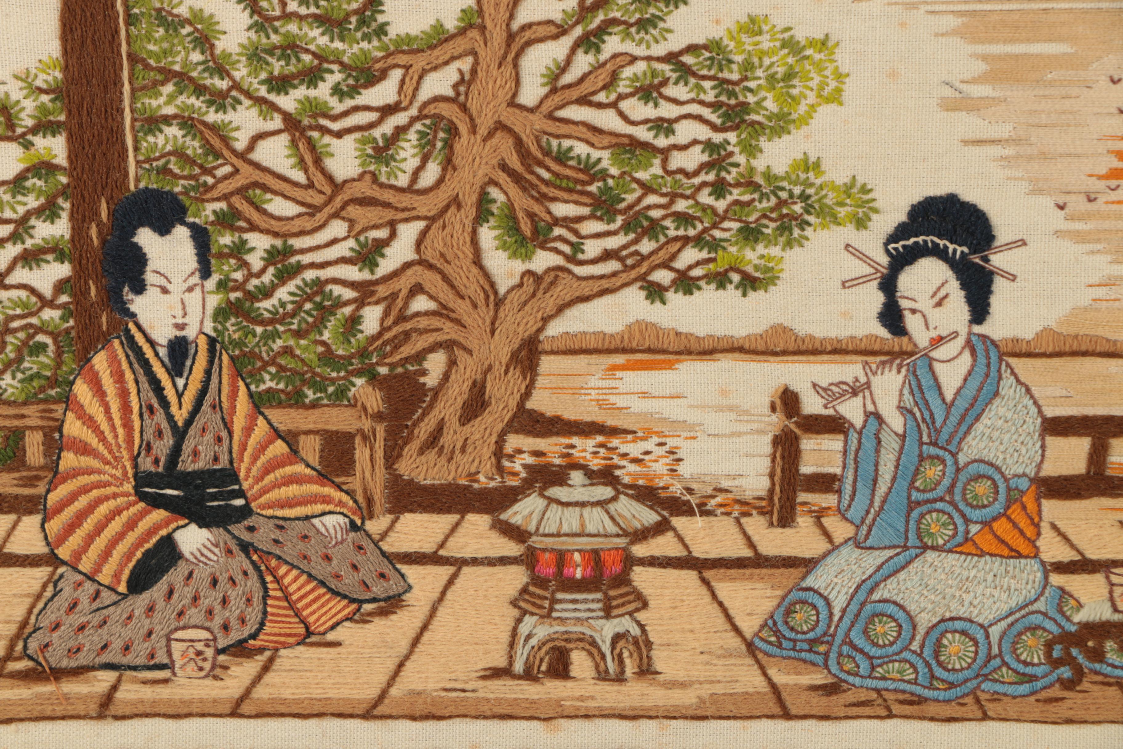 Japanese-Inspired Embroidery of a Man and Woman on a Porch